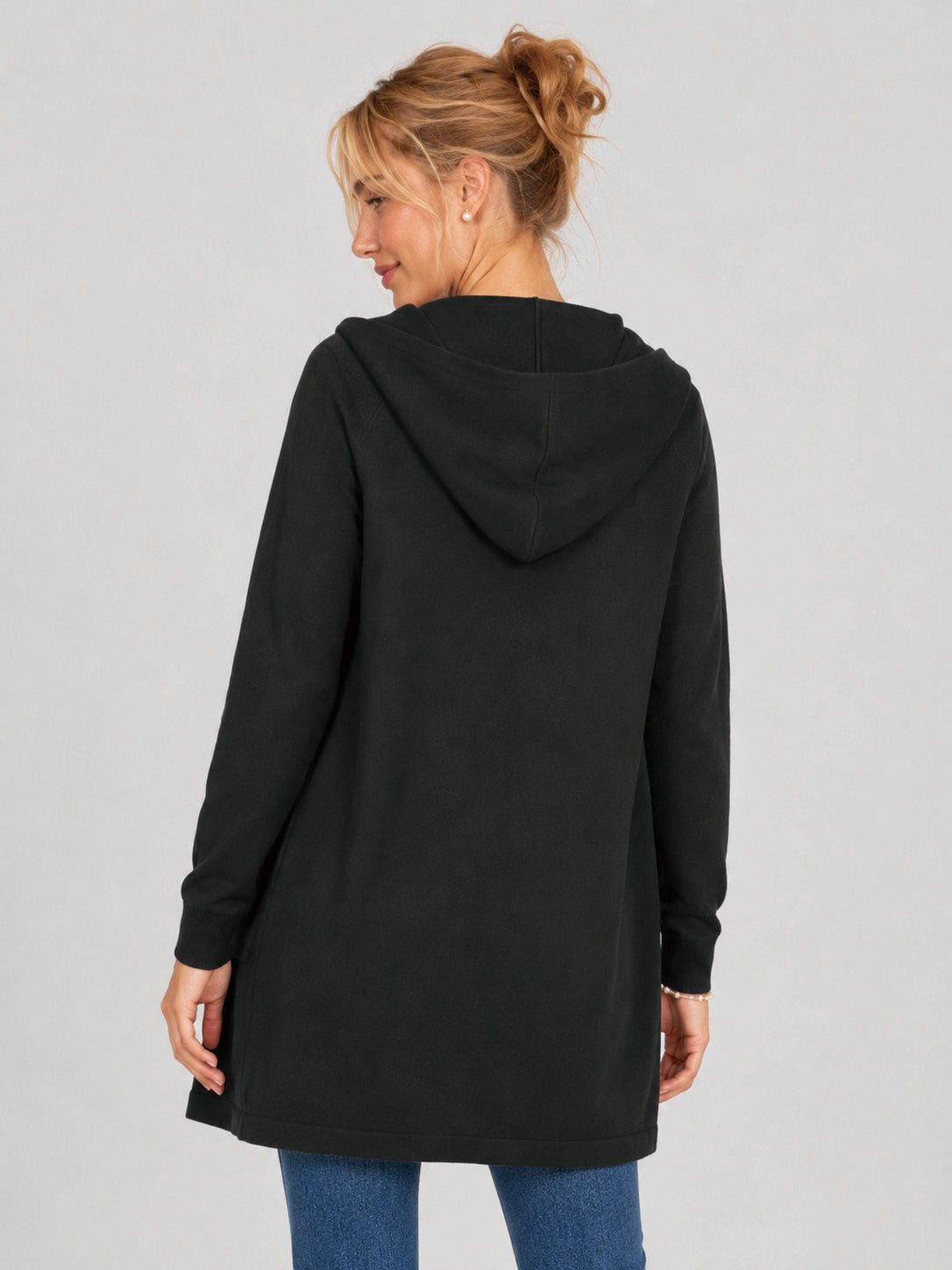 YUCOLEN Women's Hooded Open Front Cardigan Soft Knit Mid-Thigh Coatigan with Pockets in Black