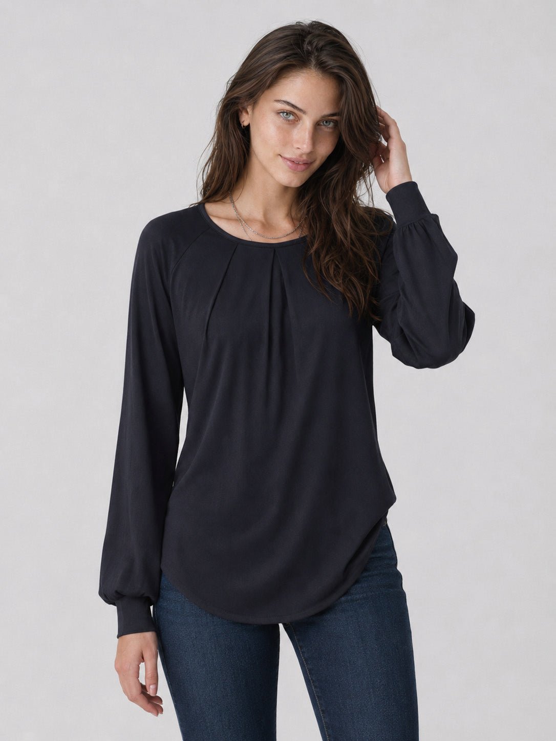 YUCOLEN Women's Lantern Sleeve Pleated Blouse Soft Cotton Rayon Dressy Casual Top in Black