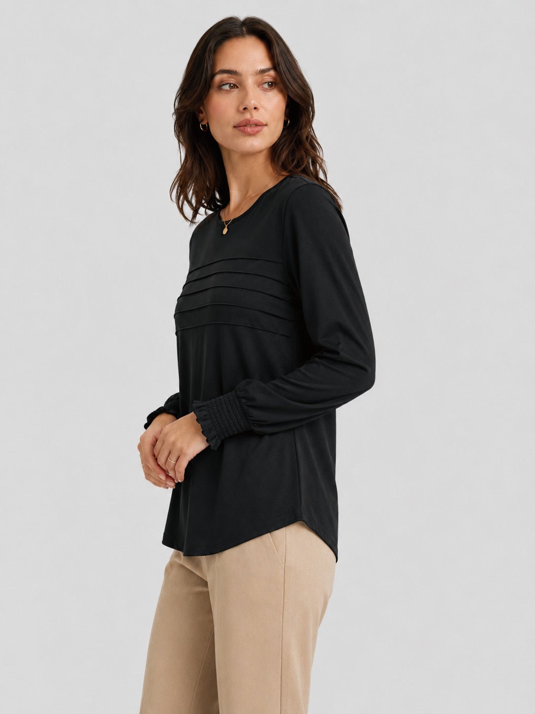 YUCOLEN Women's Lantern Sleeve Pleated Blouse Soft Cotton Rayon Dressy Top in Black