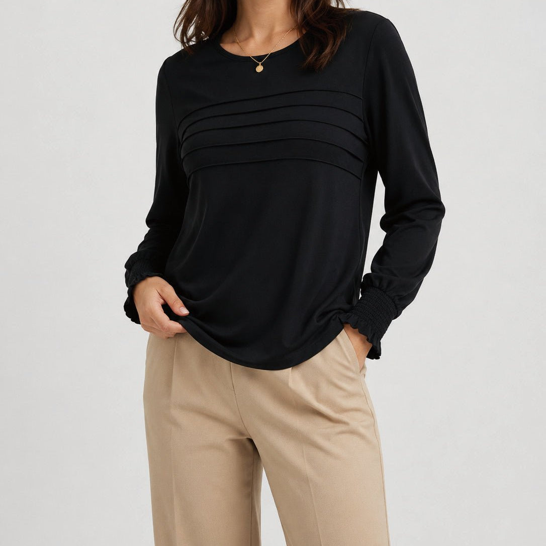 YUCOLEN Women's Lantern Sleeve Pleated Blouse Soft Cotton Rayon Dressy Top in Black
