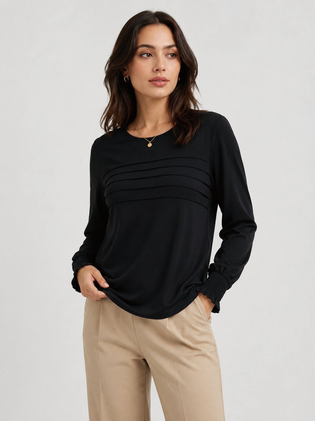 YUCOLEN Women's Lantern Sleeve Pleated Blouse Soft Cotton Rayon Dressy Top in Black