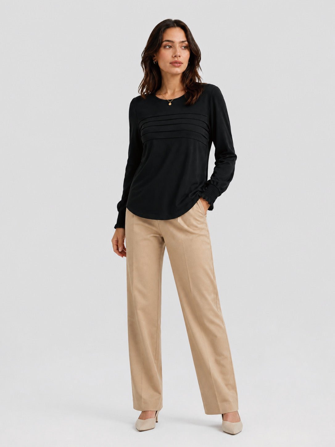 YUCOLEN Women's Lantern Sleeve Pleated Blouse Soft Cotton Rayon Dressy Top in Black