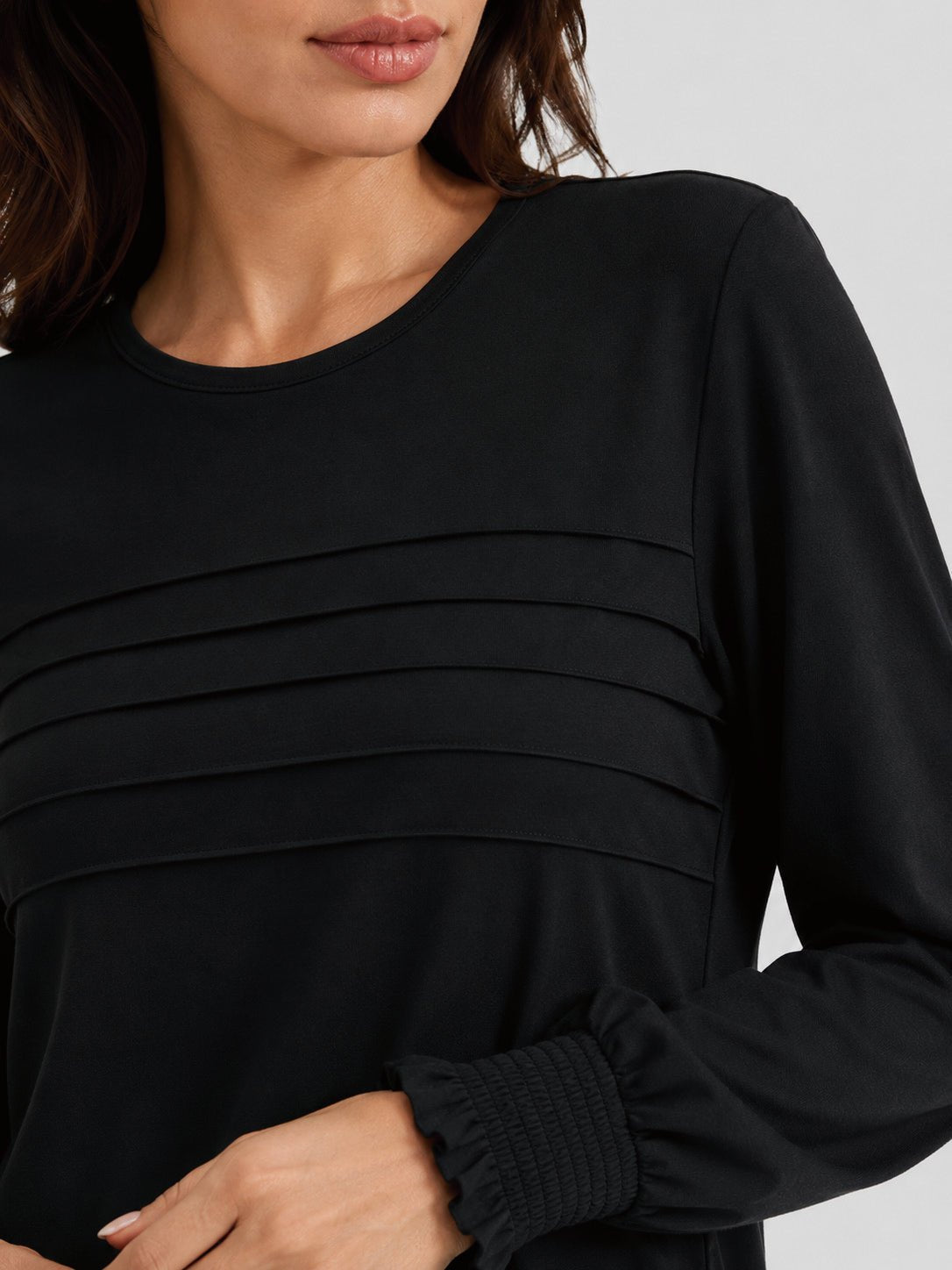 YUCOLEN Women's Lantern Sleeve Pleated Blouse Soft Cotton Rayon Dressy Top in Black