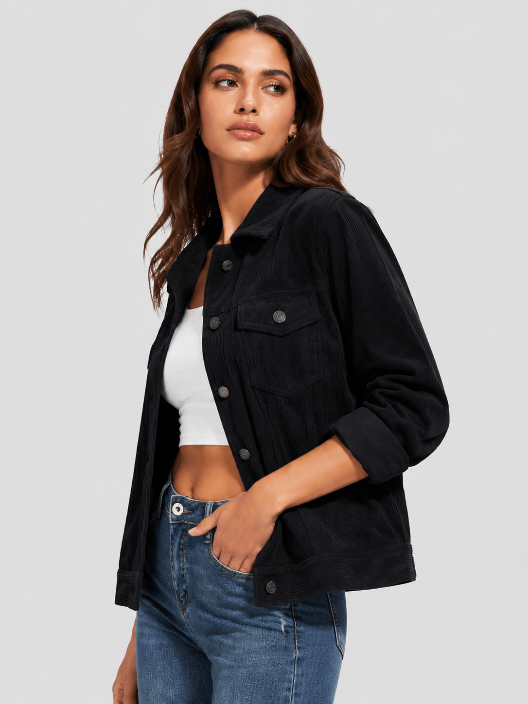 YUCOLEN Women's Lightweight Cropped Corduroy Shacket with 4 Pockets Button Down Casual Jacket in Black