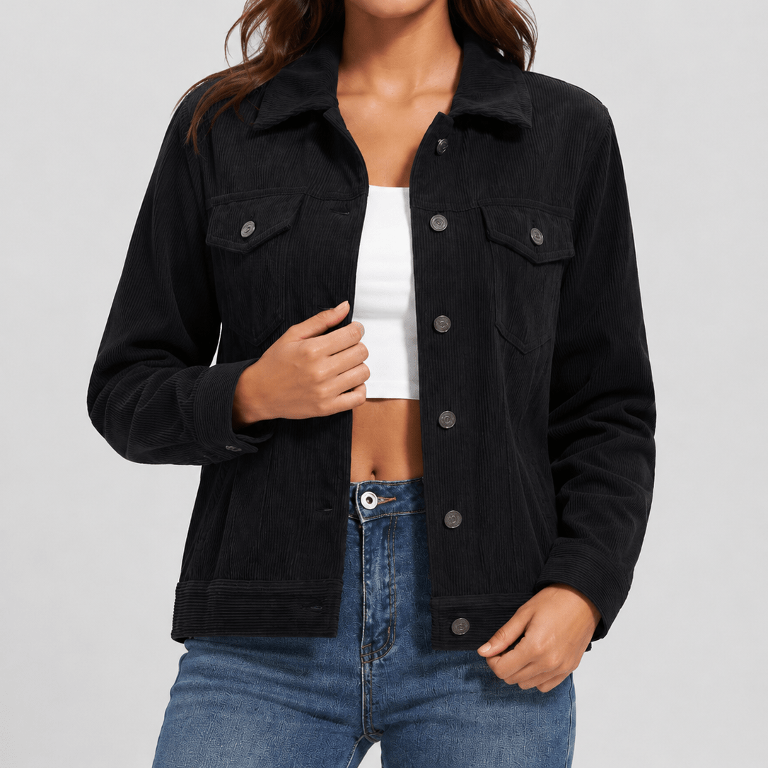 YUCOLEN Women's Lightweight Cropped Corduroy Shacket with 4 Pockets Button Down Casual Jacket in Black