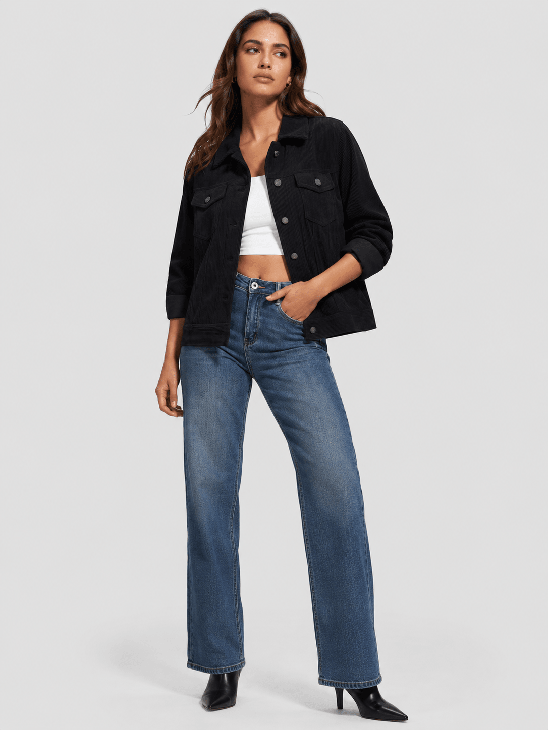 YUCOLEN Women's Lightweight Cropped Corduroy Shacket with 4 Pockets Button Down Casual Jacket in Black