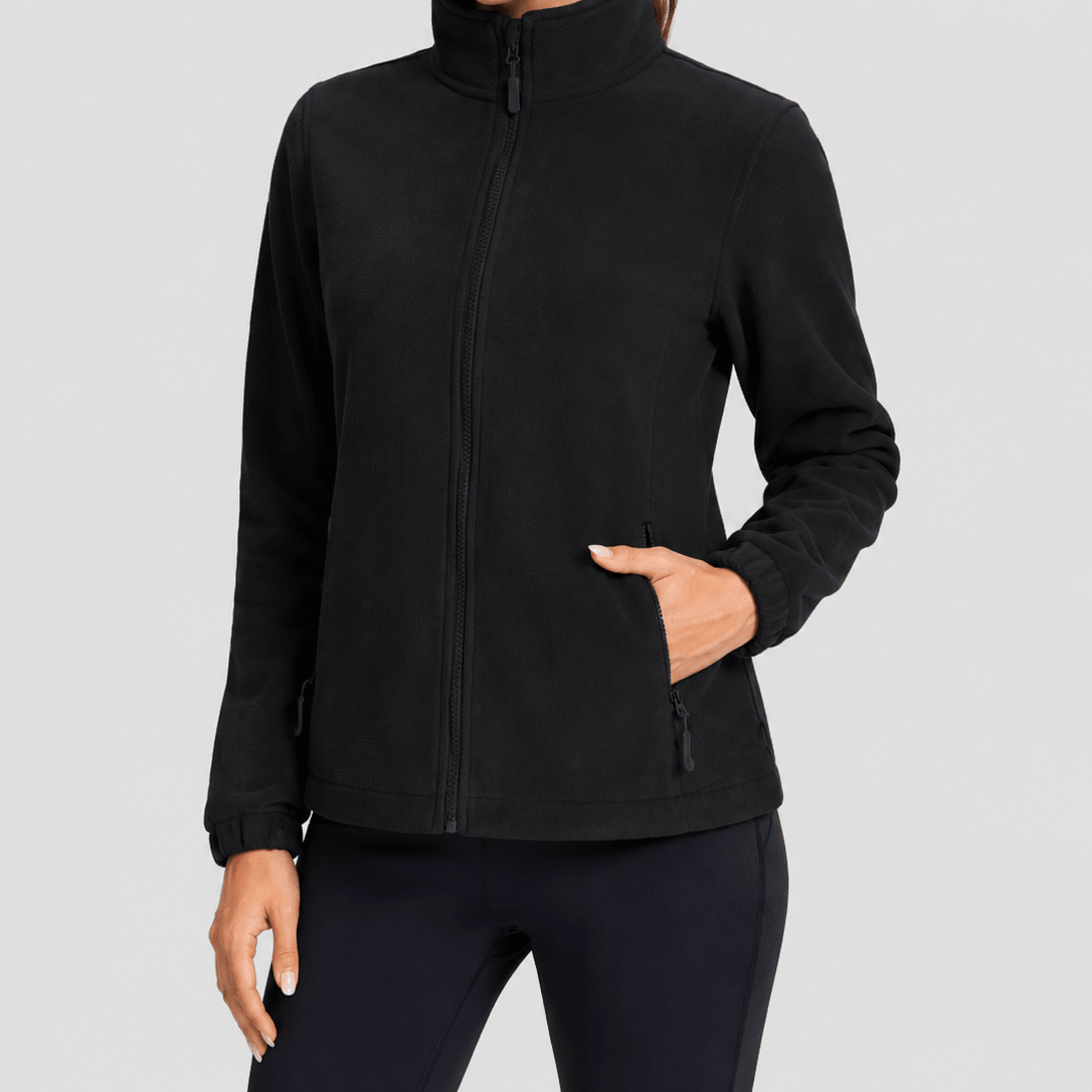 YUCOLEN Women's Lightweight Full Zip Fleece Jacket Windproof Stand Collar Outdoor Sweatshirt in Black
