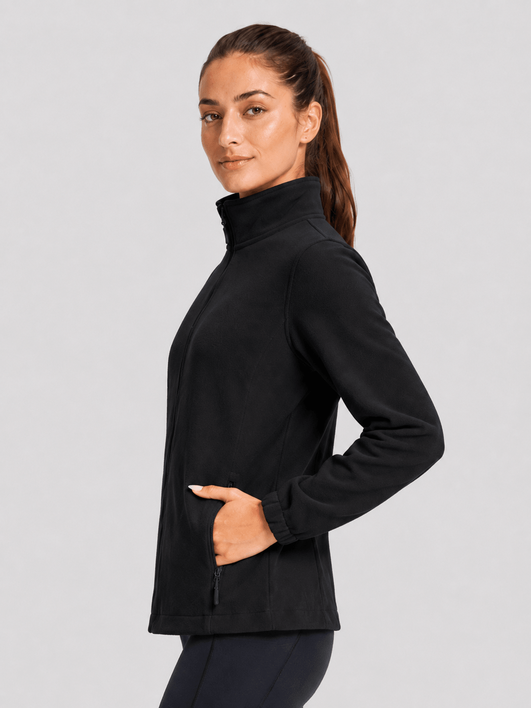 YUCOLEN Women's Lightweight Full Zip Fleece Jacket Windproof Stand Collar Outdoor Sweatshirt in Black