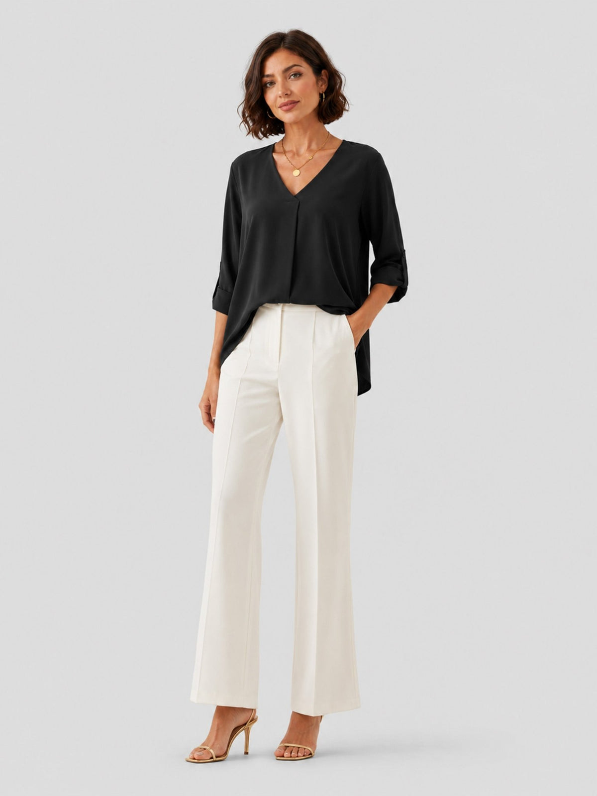 YUCOLEN Women's Lightweight V-Neck Flowy Blouse with 3/4 Flutter Sleeves in Black