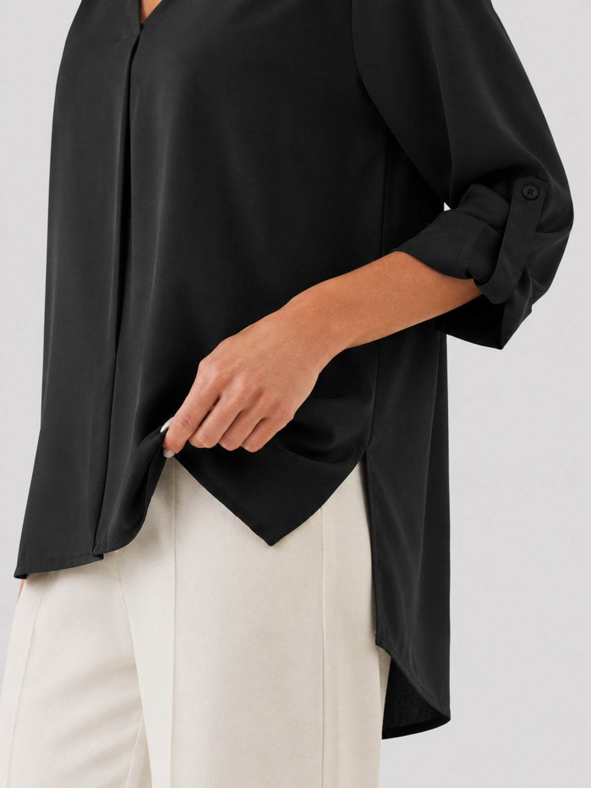 YUCOLEN Women's Lightweight V-Neck Flowy Blouse with 3/4 Flutter Sleeves in Black
