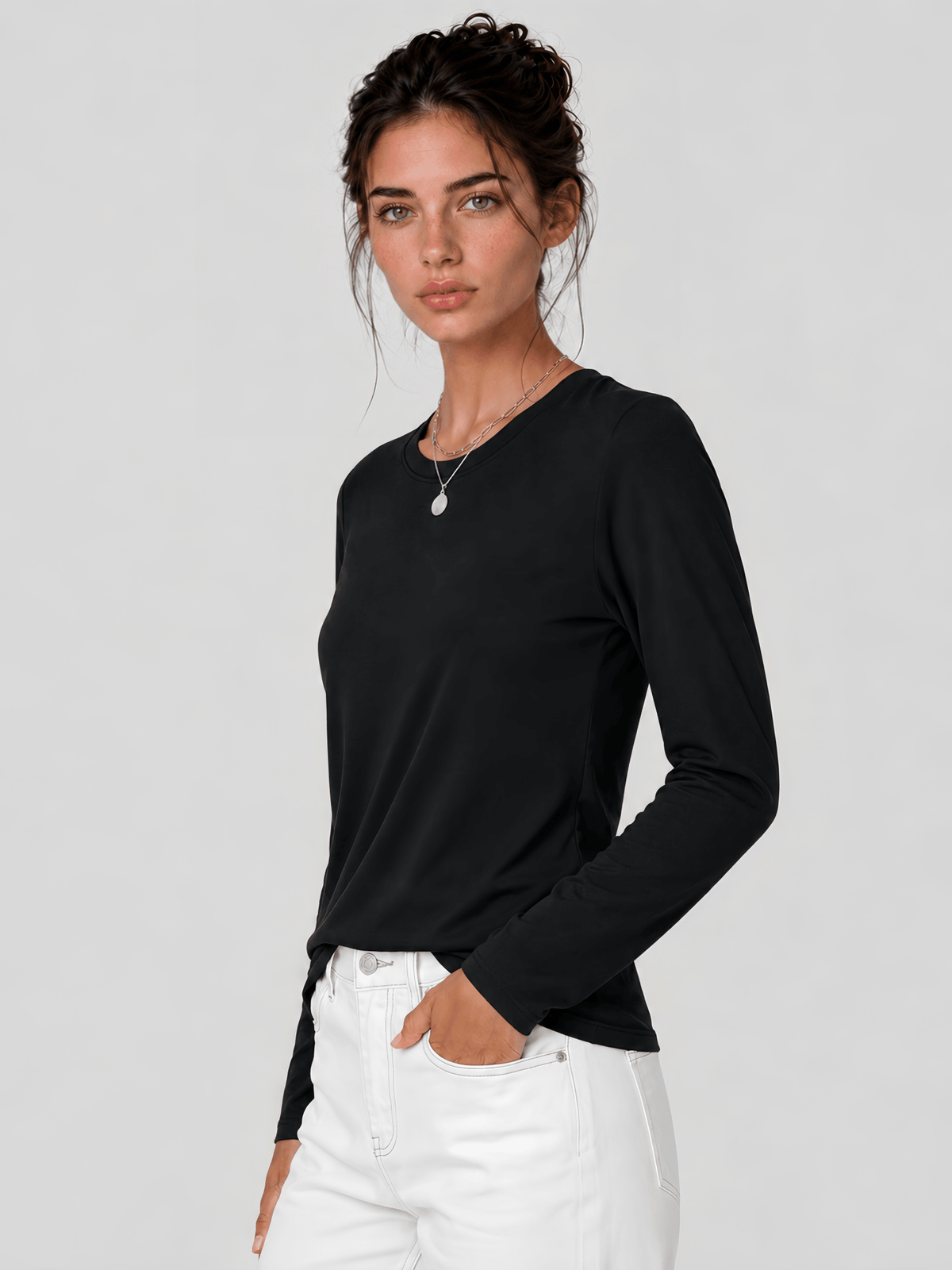 YUCOLEN Women's Long Sleeve Crew Neck Shirt Soft Tri-blend Cotton Performance Tee in Black
