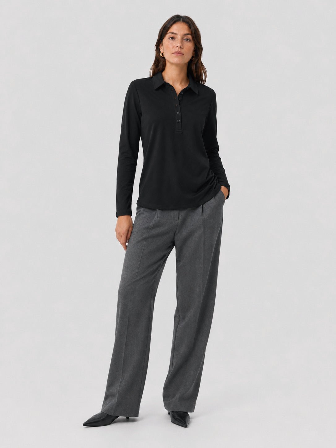 YUCOLEN Women's Long Sleeve Golf Shirt Breathable Cotton Blend 5-Button Top in Black