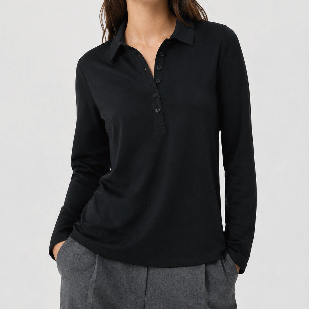 YUCOLEN Women's Long Sleeve Golf Shirt Breathable Cotton Blend 5-Button Top in Black