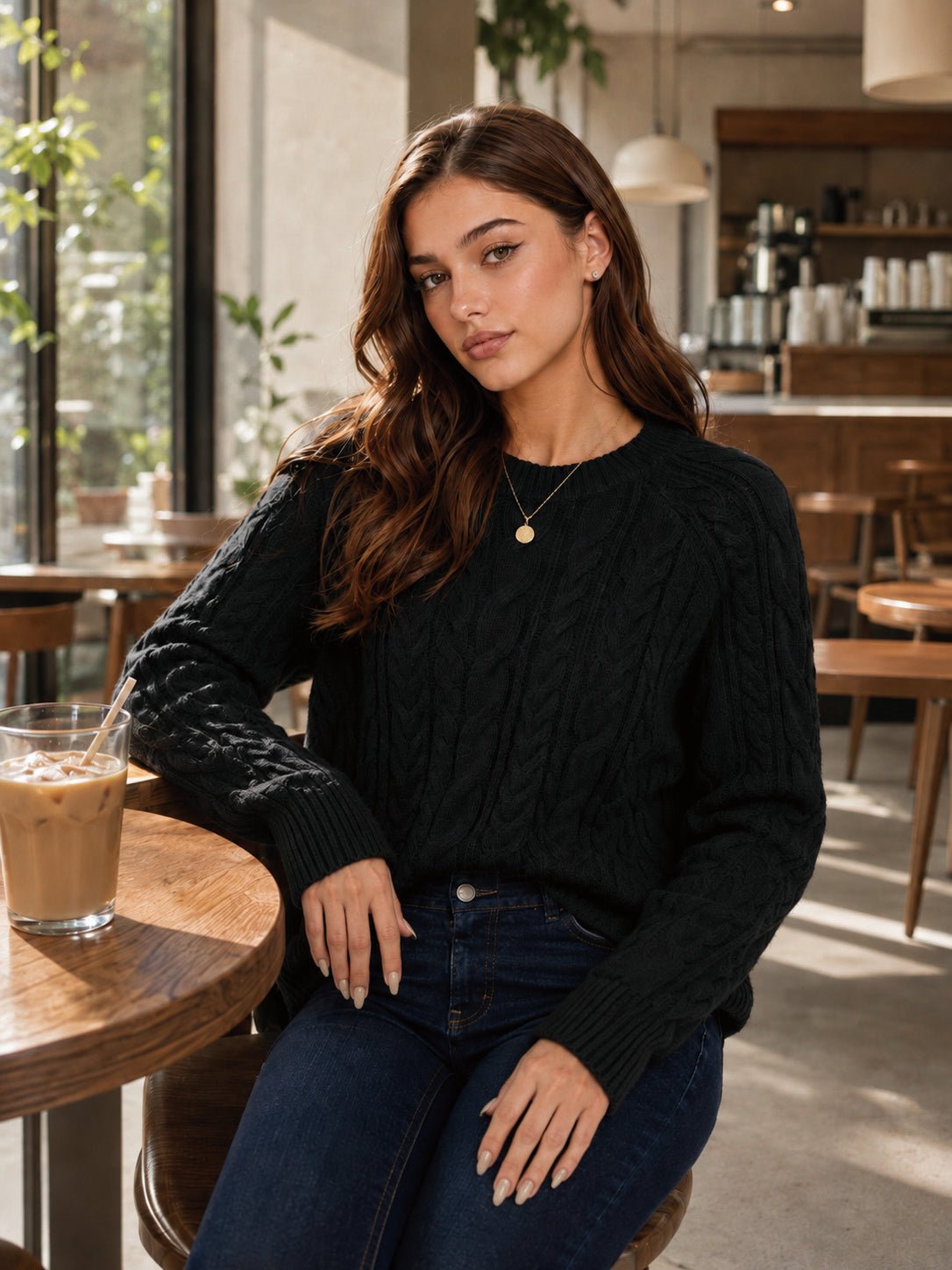 YUCOLEN Women's Oversized Cable Knit Sweater Soft Chunky Crew Neck Pullover Top in Black