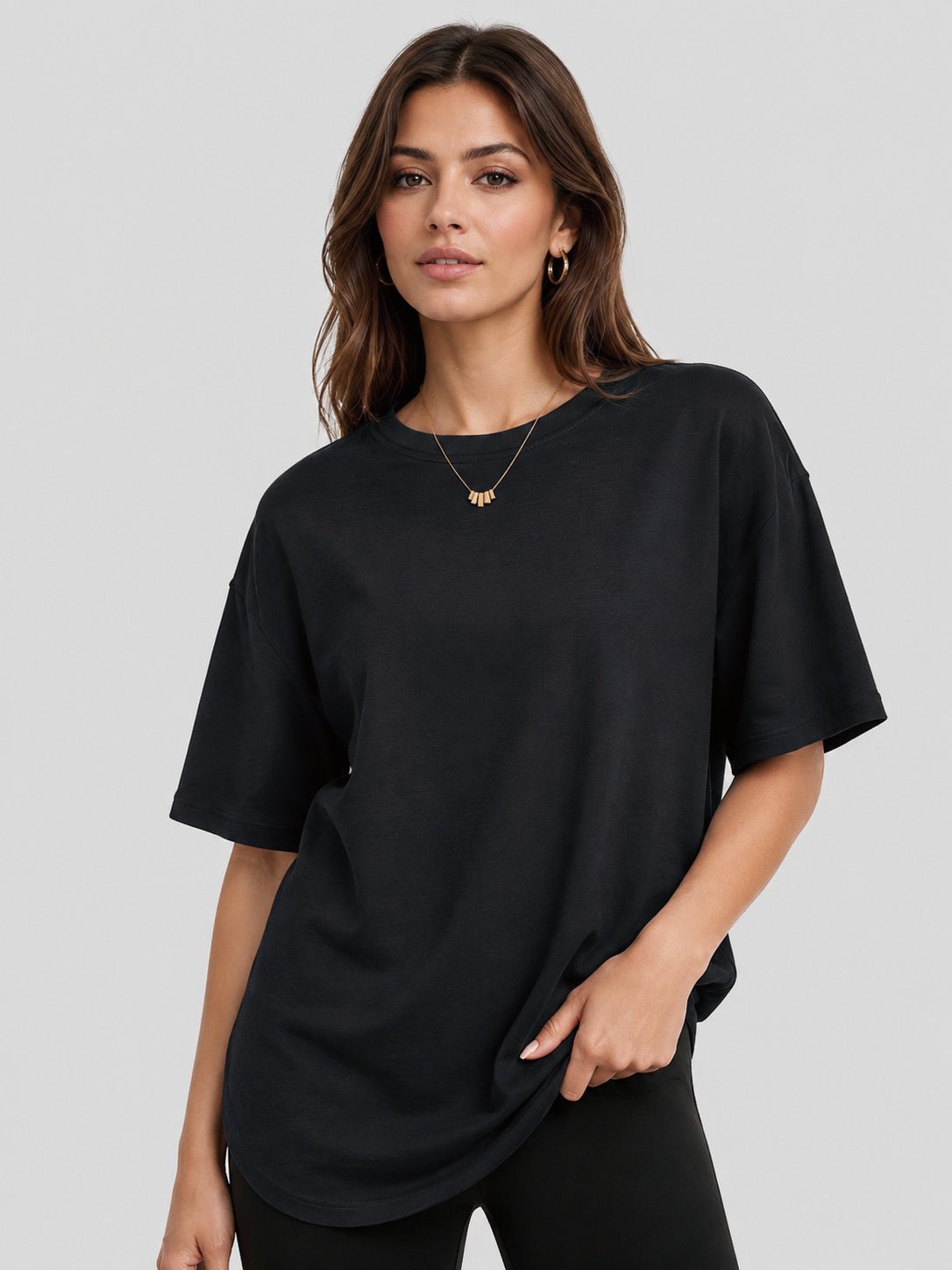 YUCOLEN Women's Oversized Cotton Blend T-Shirt Loose Fit Drop Shoulder Crewneck Tee in Black