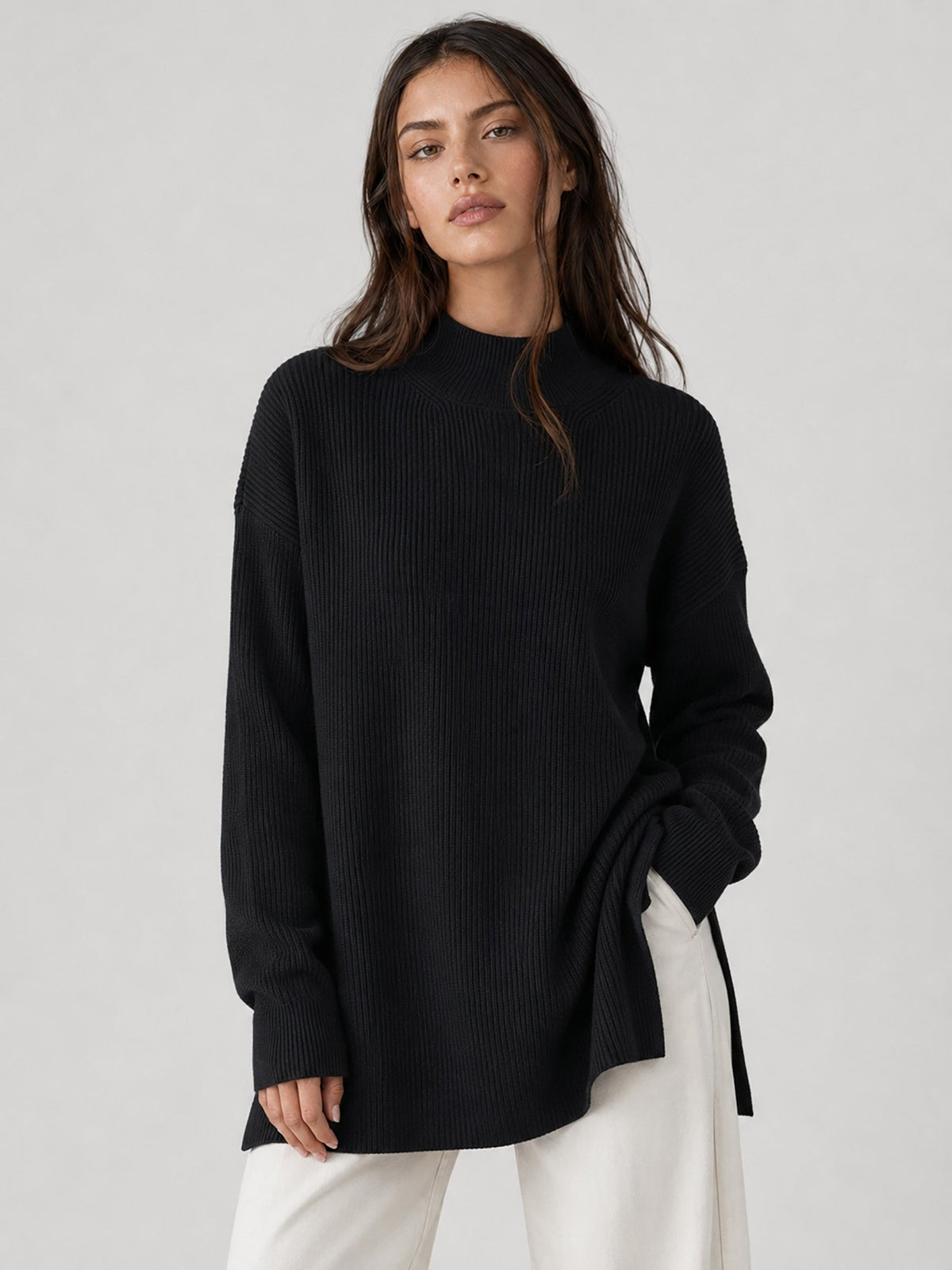 YUCOLEN Women's Oversized Ribbed Knit Turtleneck Pullover with Side Slit in Black