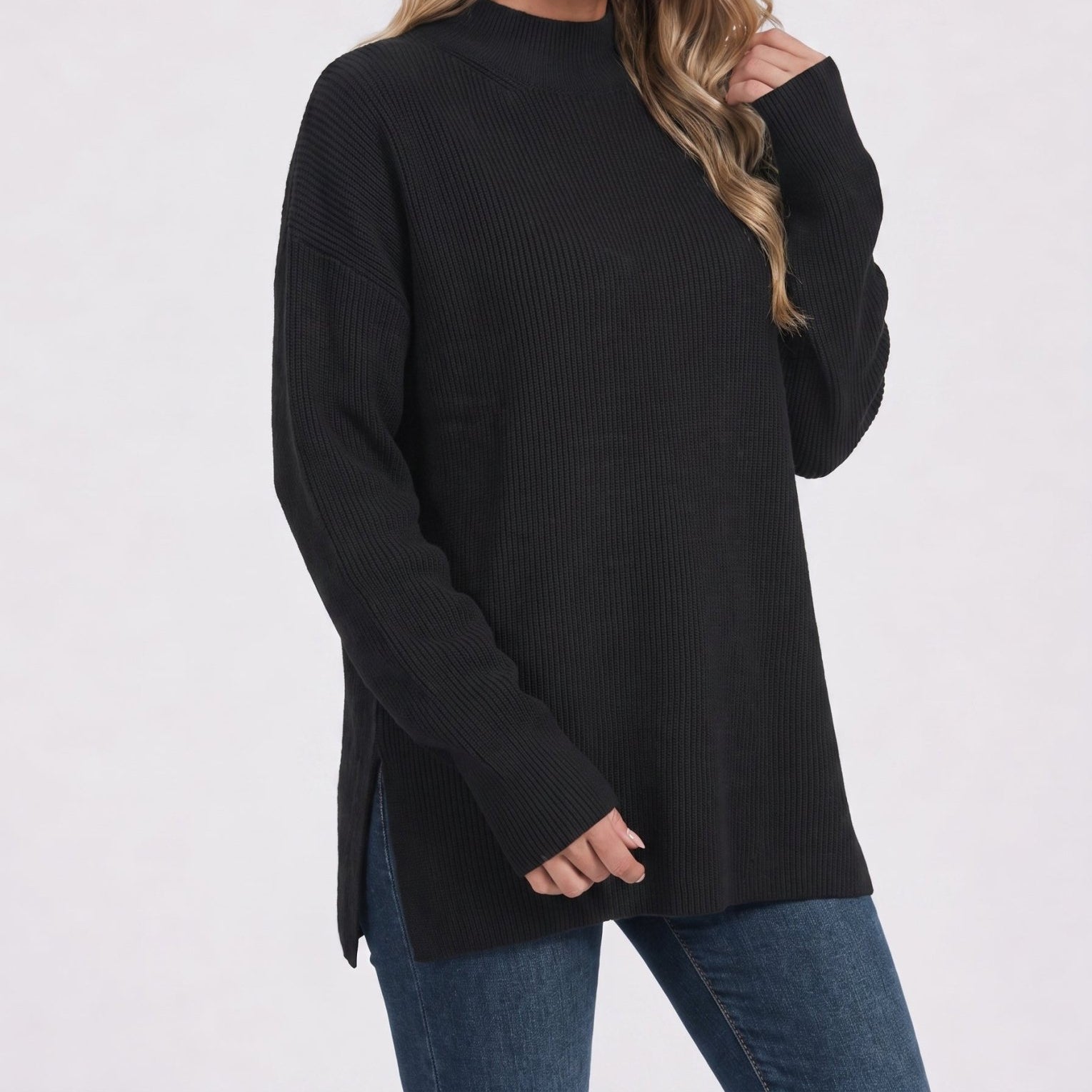 YUCOLEN Women's Oversized Ribbed Knit Turtleneck Pullover with Side Slit in Black