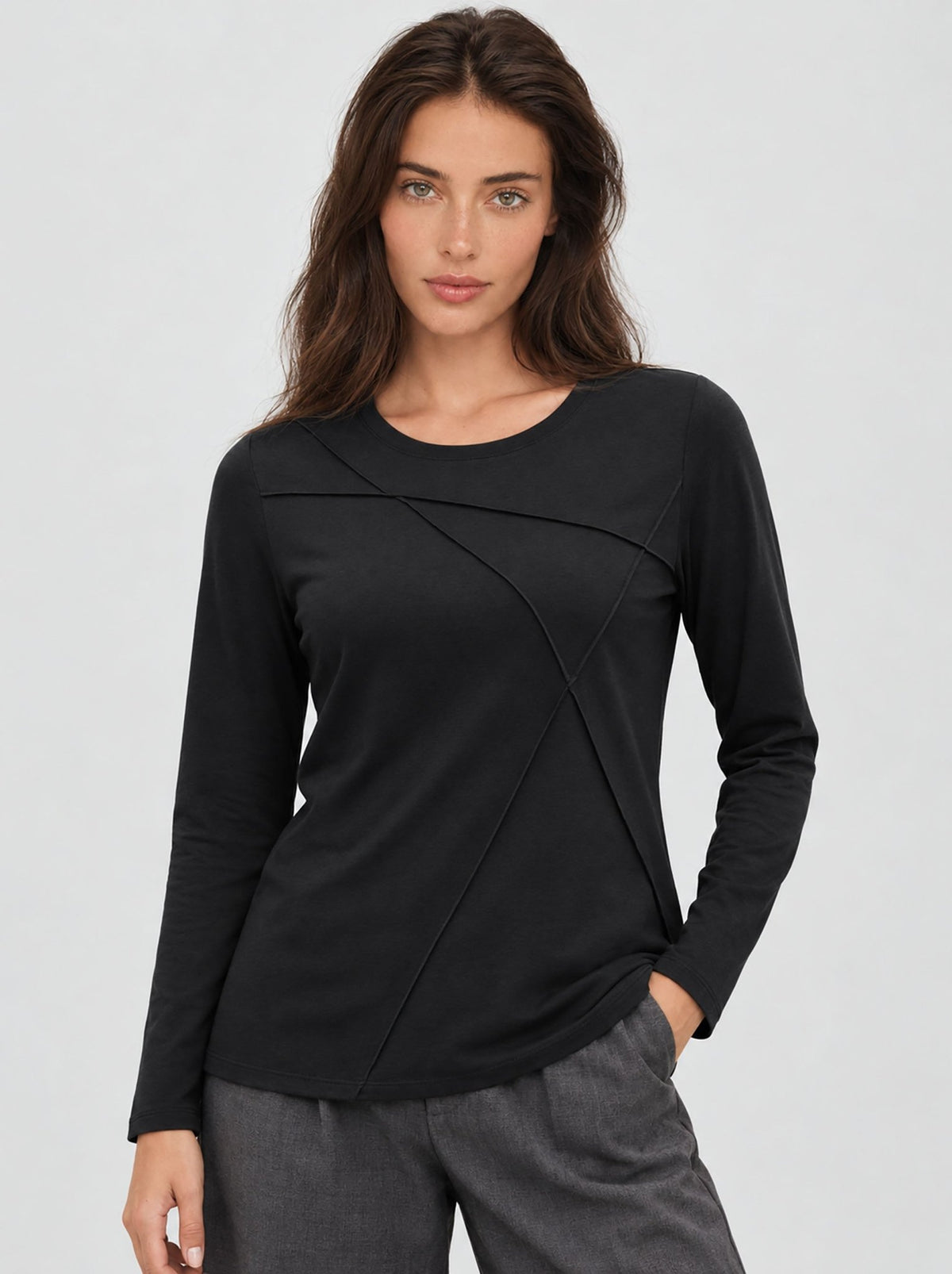 YUCOLEN Womens Pleated Crew Neck Long Sleeve Casual Stretch Top in Black
