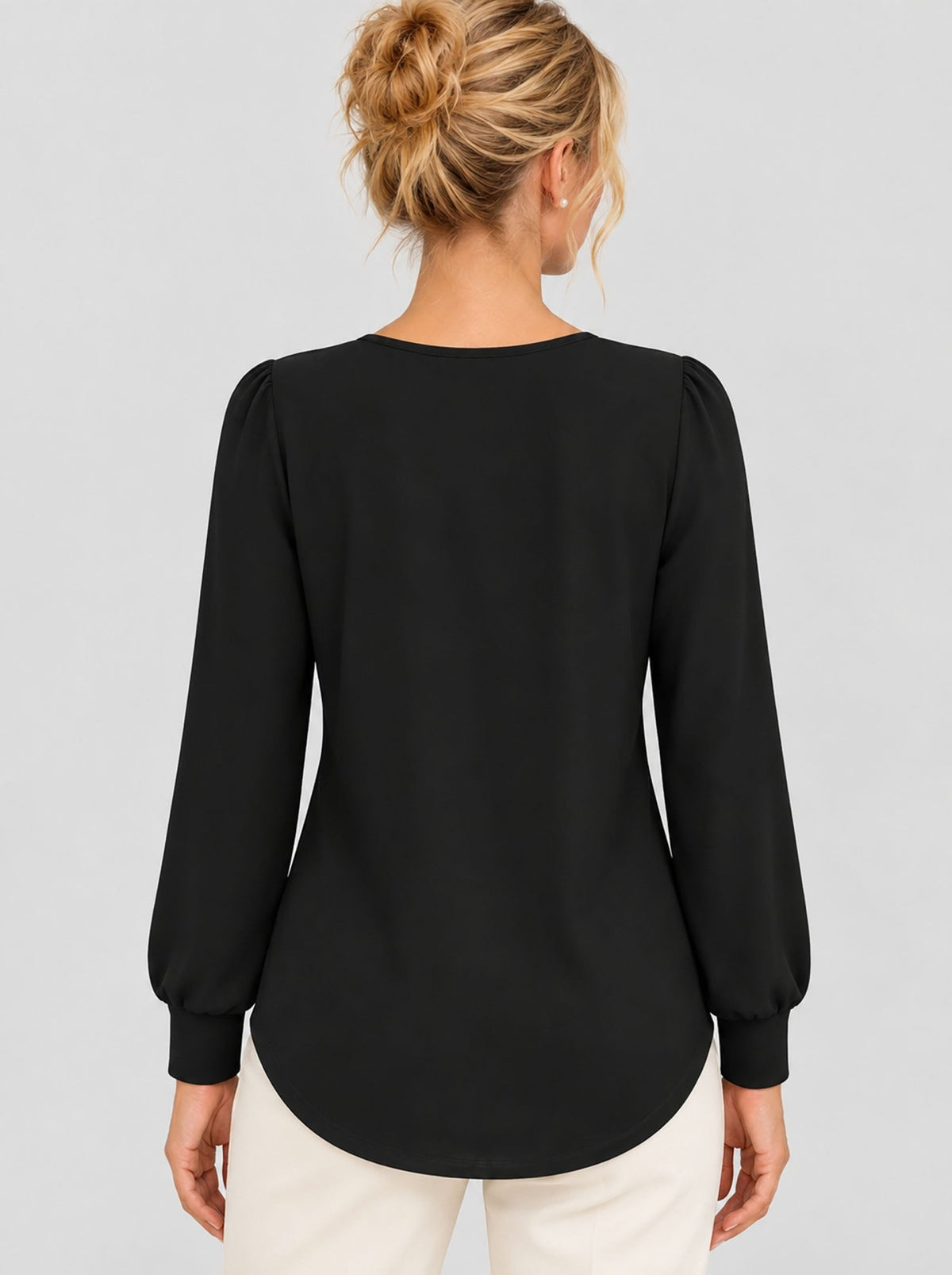 YUCOLEN Womens Pleated Puff Sleeve Crew Neck Long Sleeve Tunic Top in Black