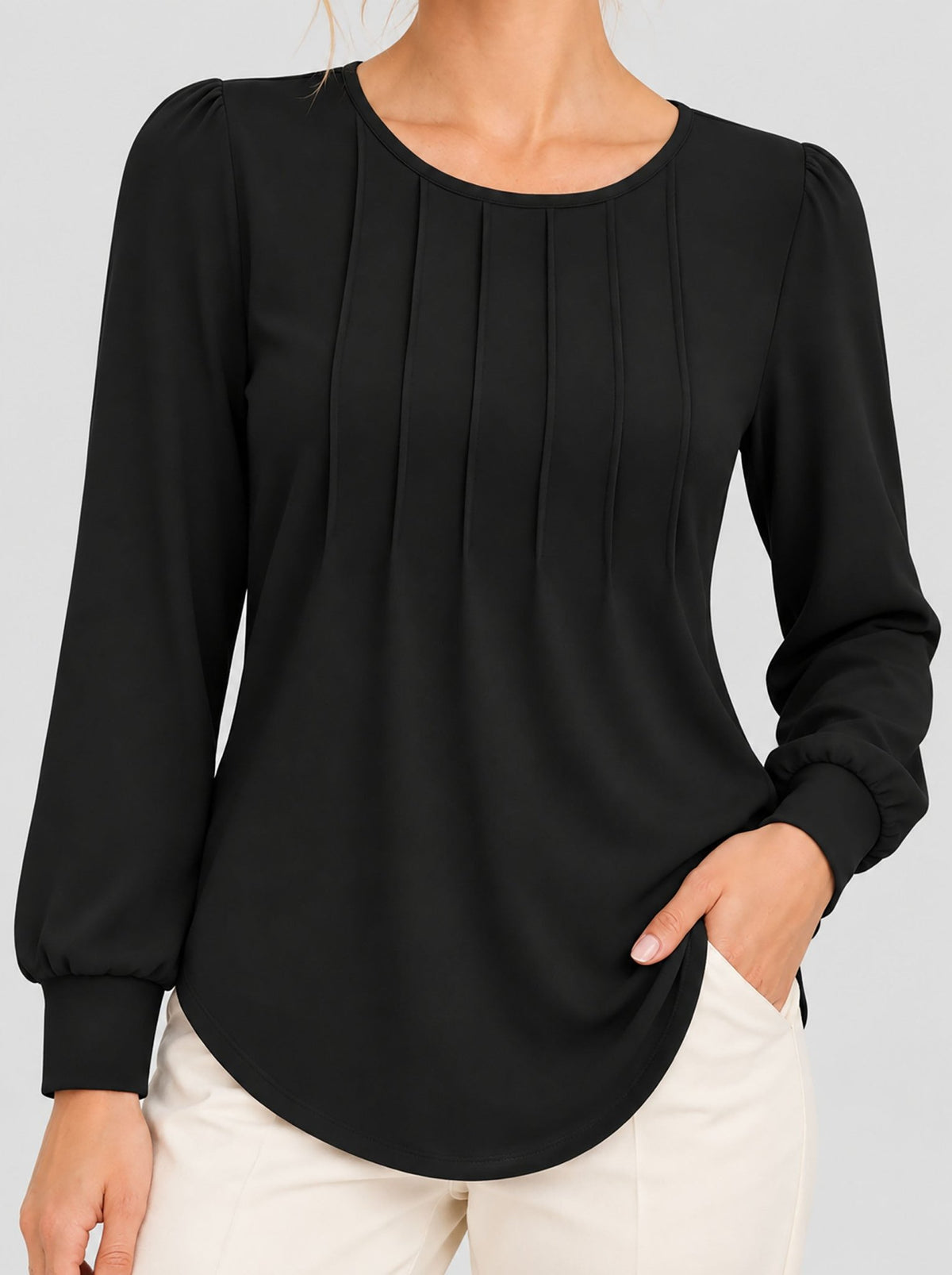 YUCOLEN Womens Pleated Puff Sleeve Crew Neck Long Sleeve Tunic Top in Black