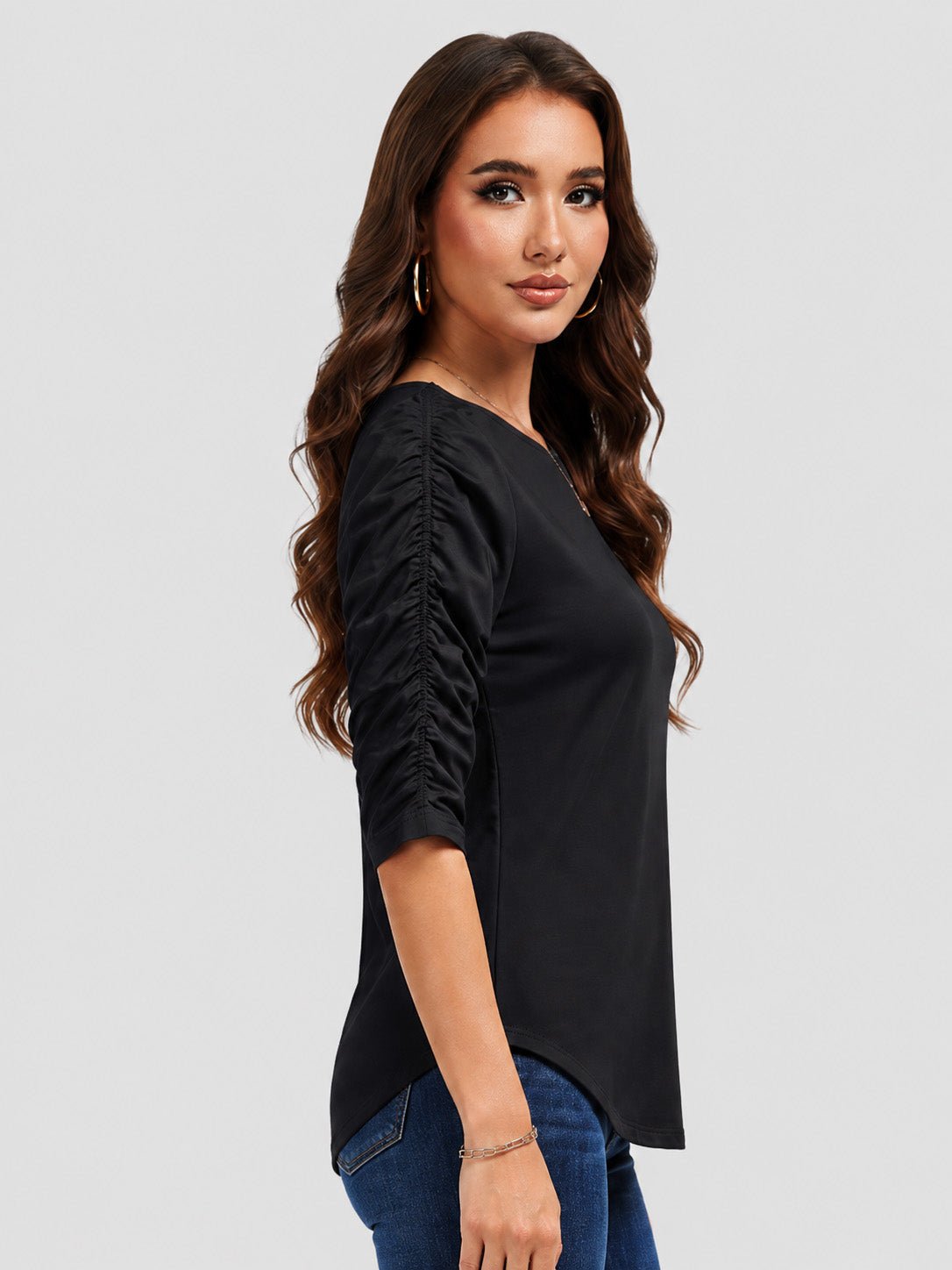 YUCOLEN Women's Puff Half Sleeve Tri-blend Top Casual Blouse in Black