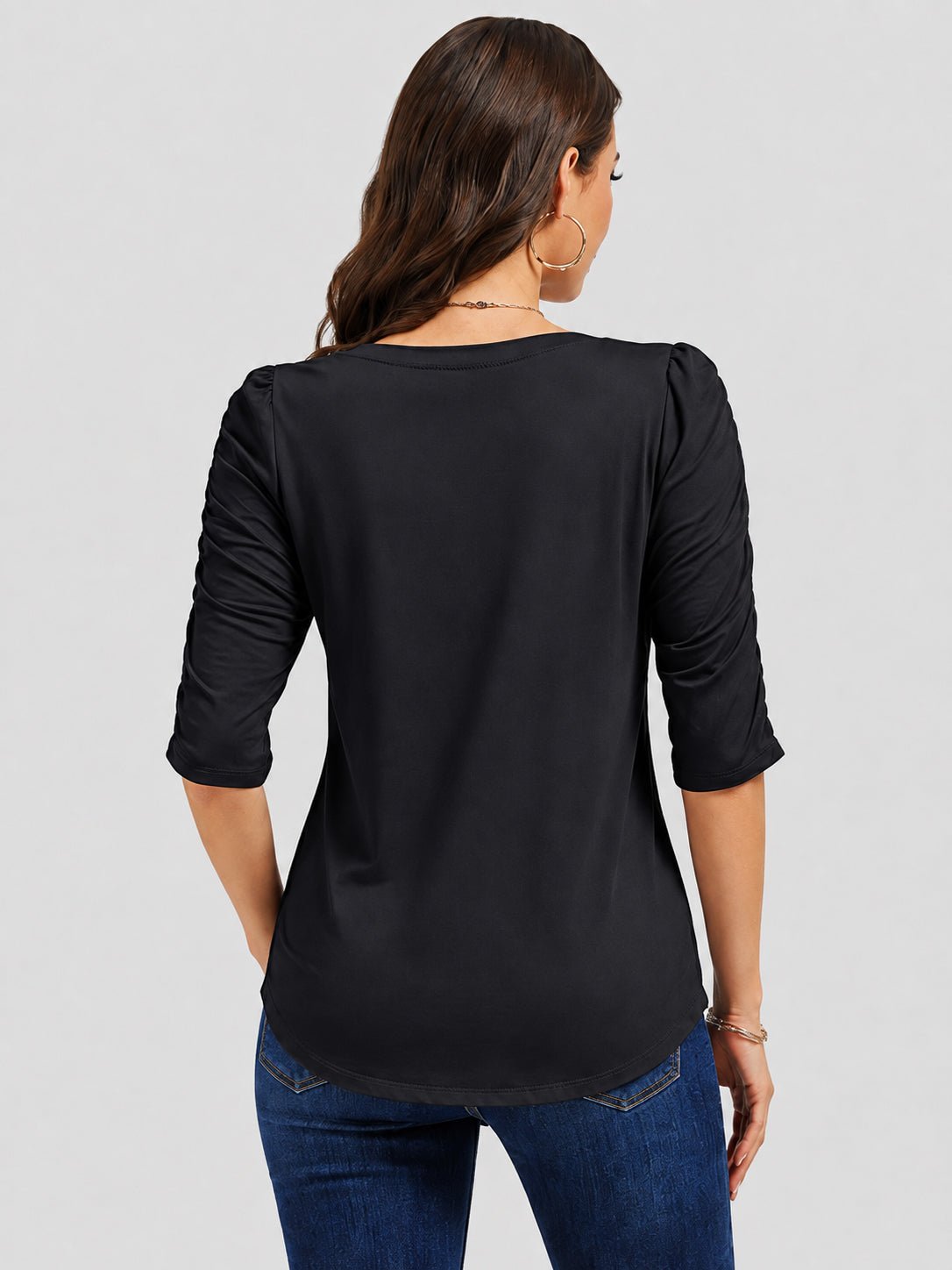 YUCOLEN Women's Puff Half Sleeve Tri-blend Top Casual Blouse in Black