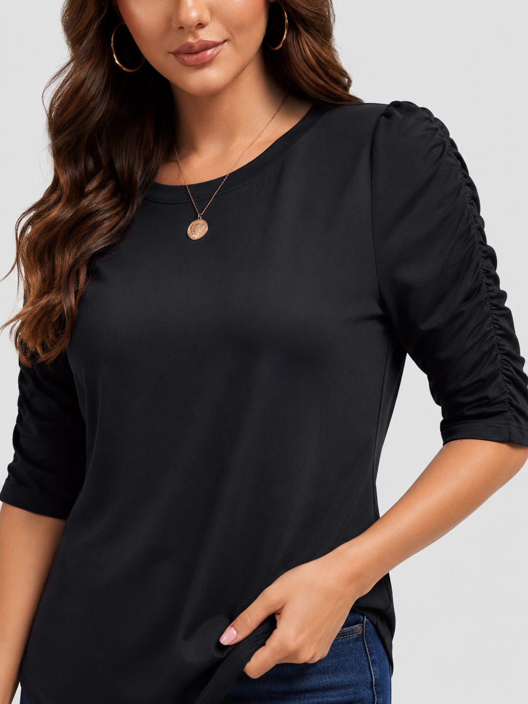 YUCOLEN Women's Puff Half Sleeve Tri-blend Top Casual Blouse in Black
