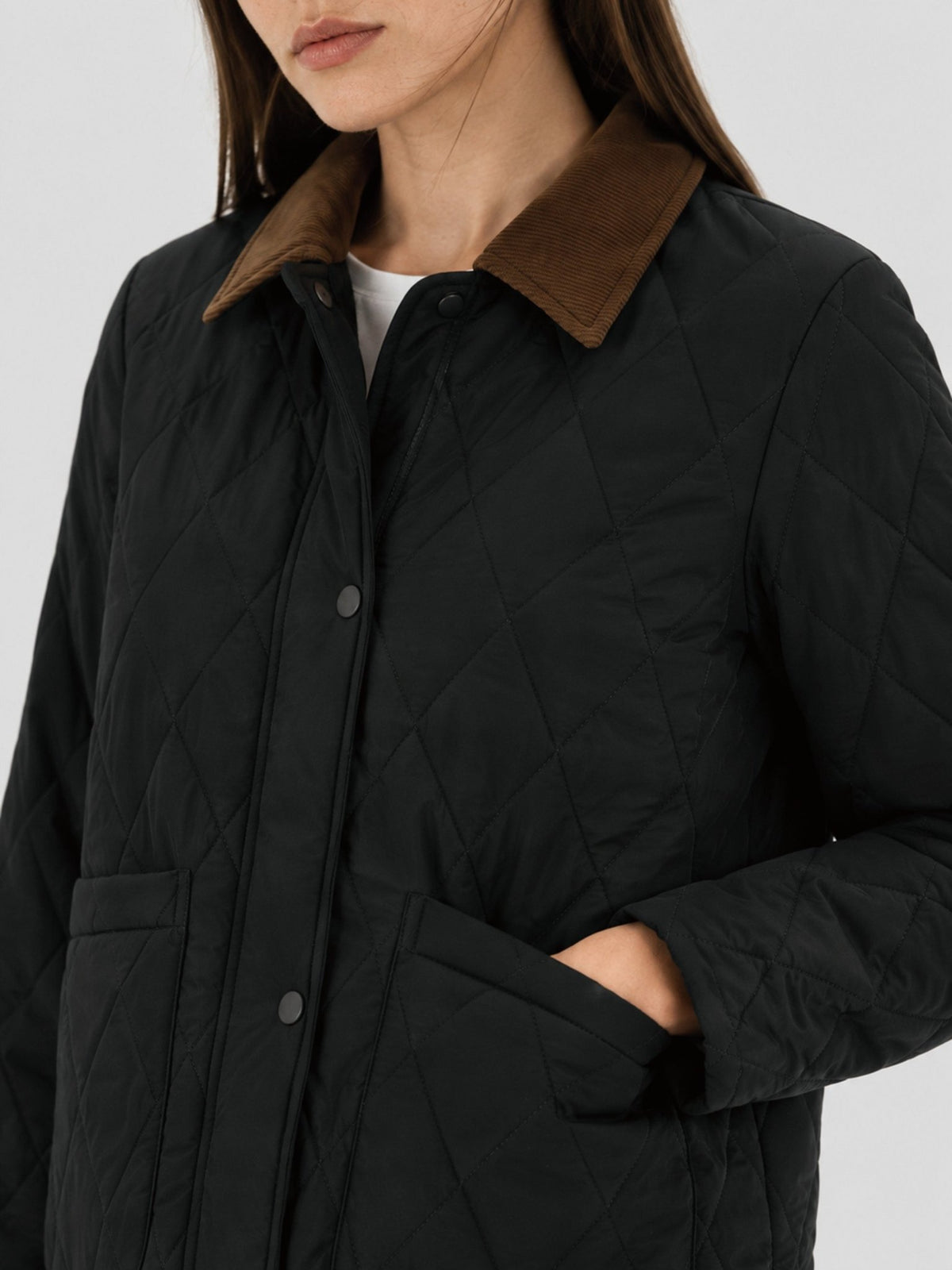YUCOLEN Women's Quilted Jacket Retro Corduroy Collar Lightweight Padded Coat in Black