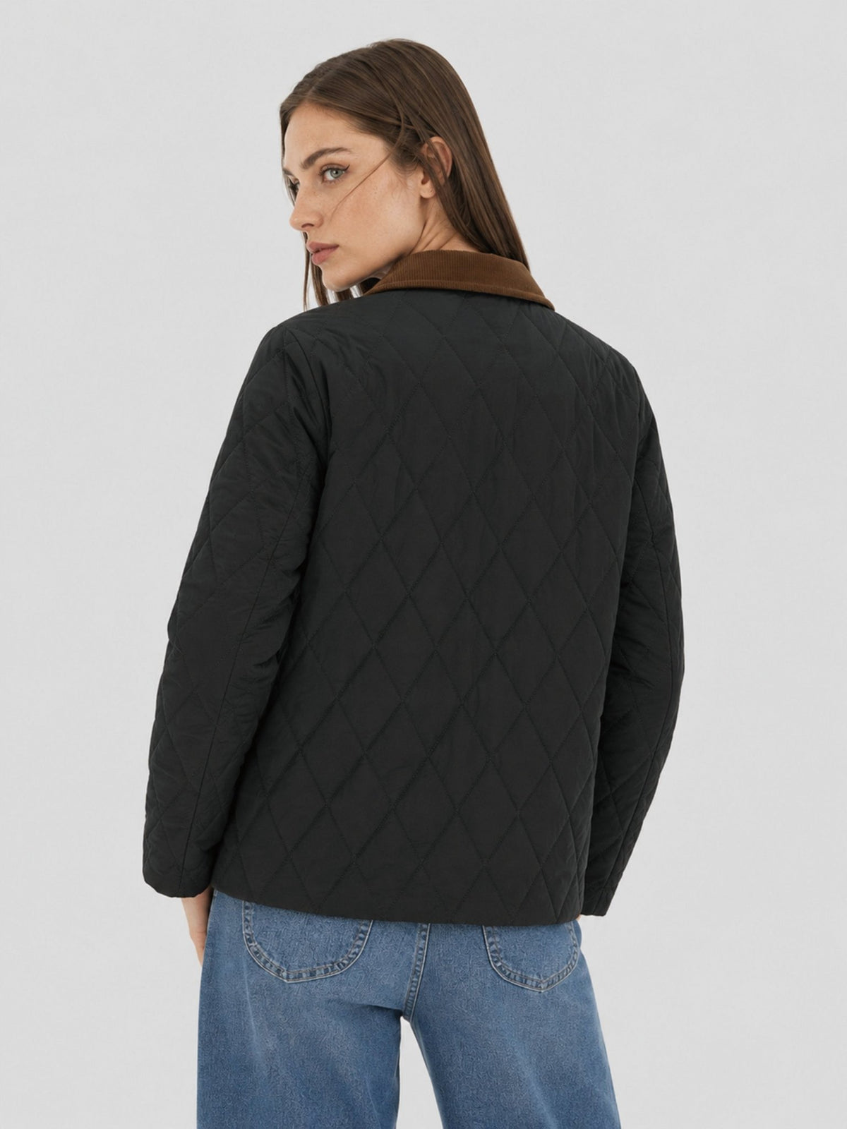 YUCOLEN Women's Quilted Jacket Retro Corduroy Collar Lightweight Padded Coat in Black