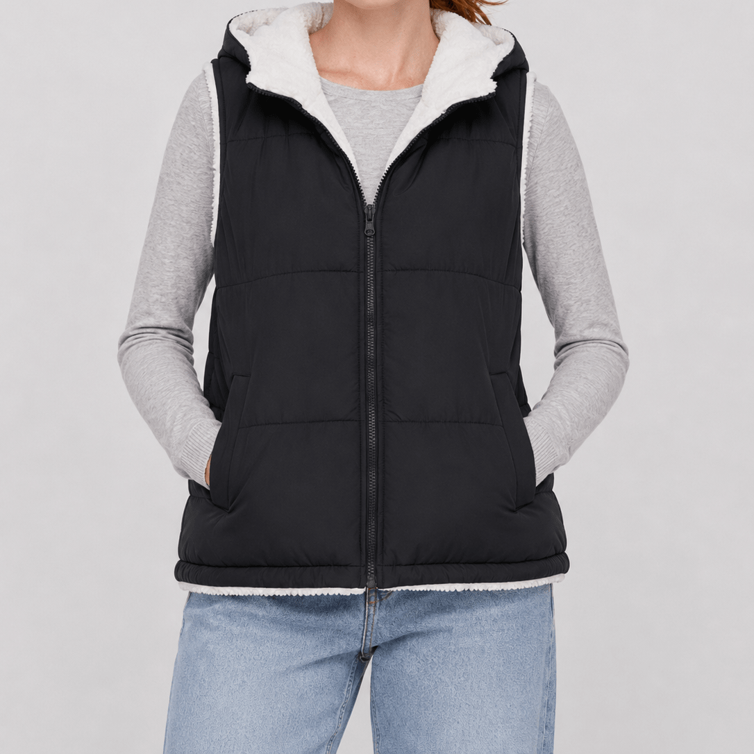 YUCOLEN Women's Reversible Puffer Fleece Lined Hooded Vest in Black