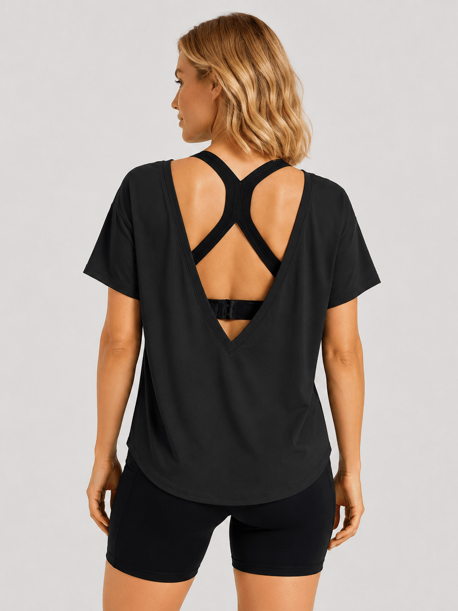 YUCOLEN Women's Reversible Workout Tee Open Back Loose Fit Athletic Shirt in Black