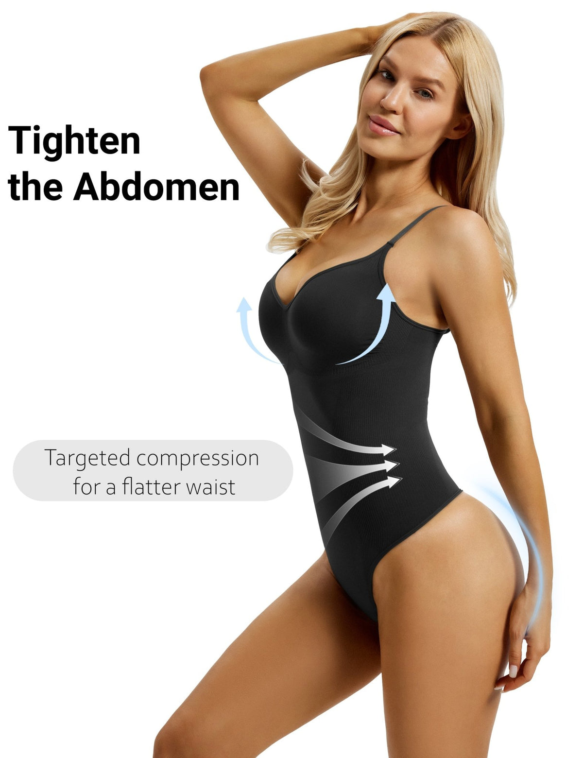 YUCOLEN Women's Seamless Tummy Control Bodysuit U-Neck Thong Shapewear in Black