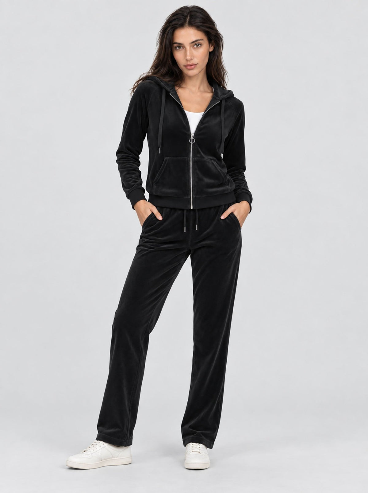 YUCOLEN Women's Soft Velour Full Zip Hooded Jacket with Pockets in Black