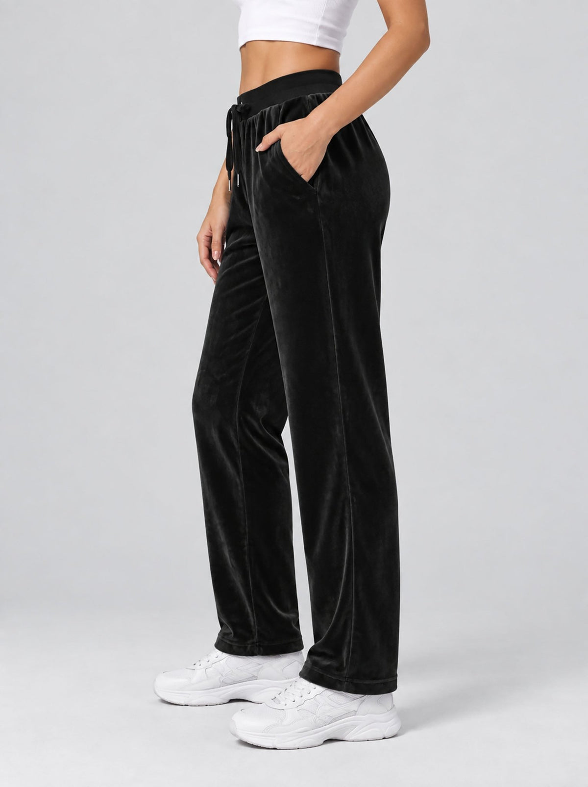 YUCOLEN Women's Soft Velour Straight Leg Pants with Elastic Waist in Black