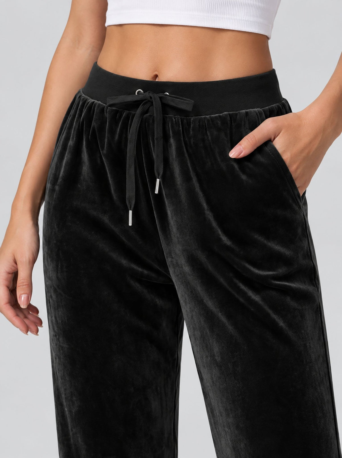 YUCOLEN Women's Soft Velour Straight Leg Pants with Elastic Waist in Black