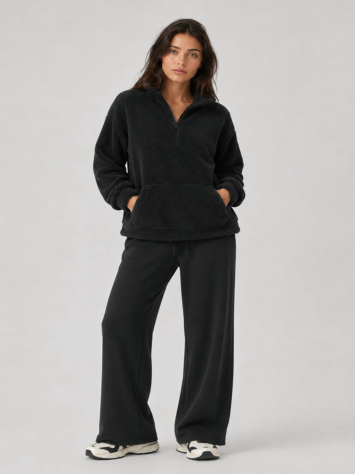 YUCOLEN Women's Stretchy Half Zip Fuzzy Sherpa Pullover with Kangaroo Pocket in Black