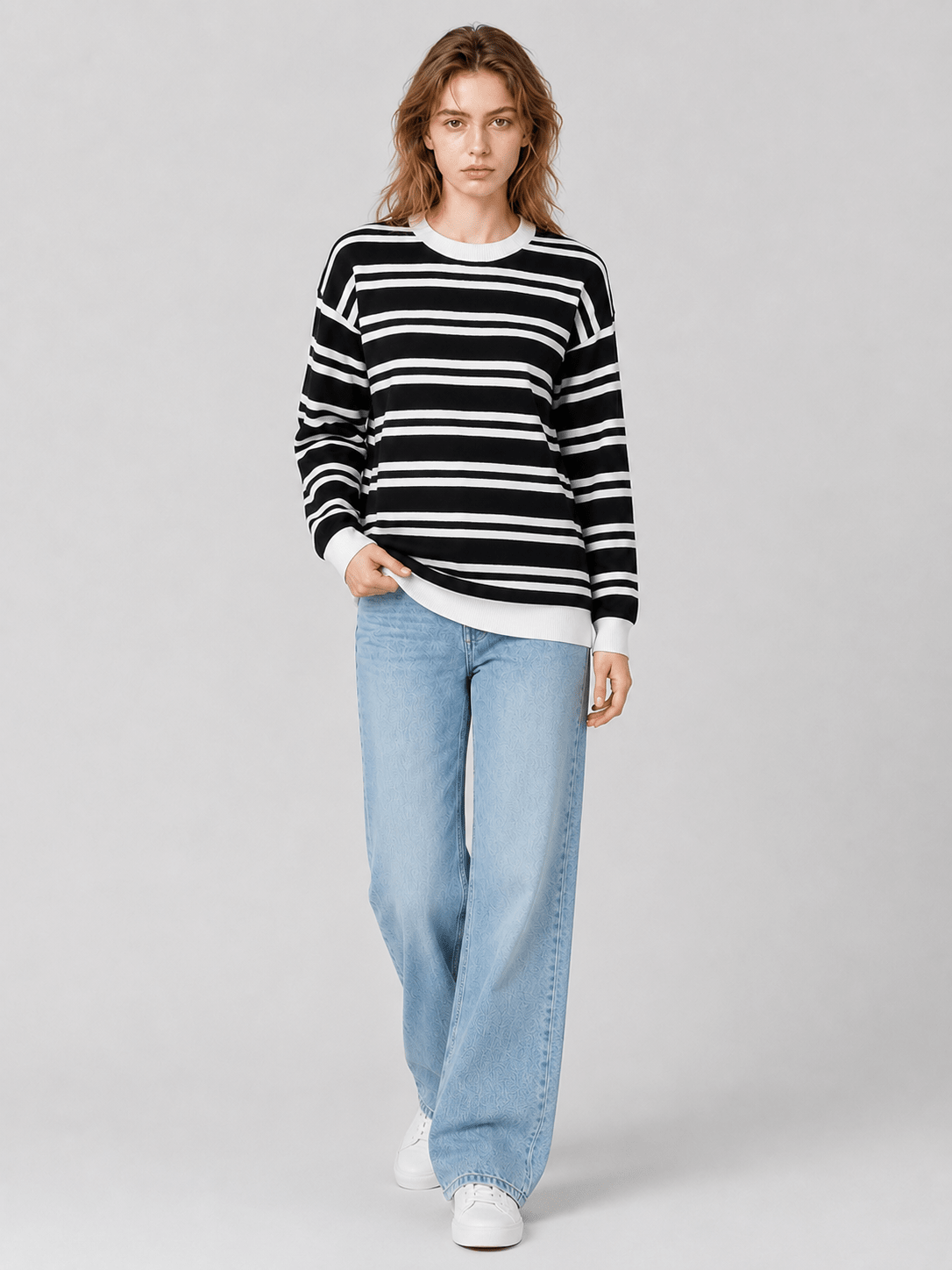 YUCOLEN Women's Striped Crewneck Sweater Soft Knit Casual Loose Fit Pullover for Fall Winter in Black