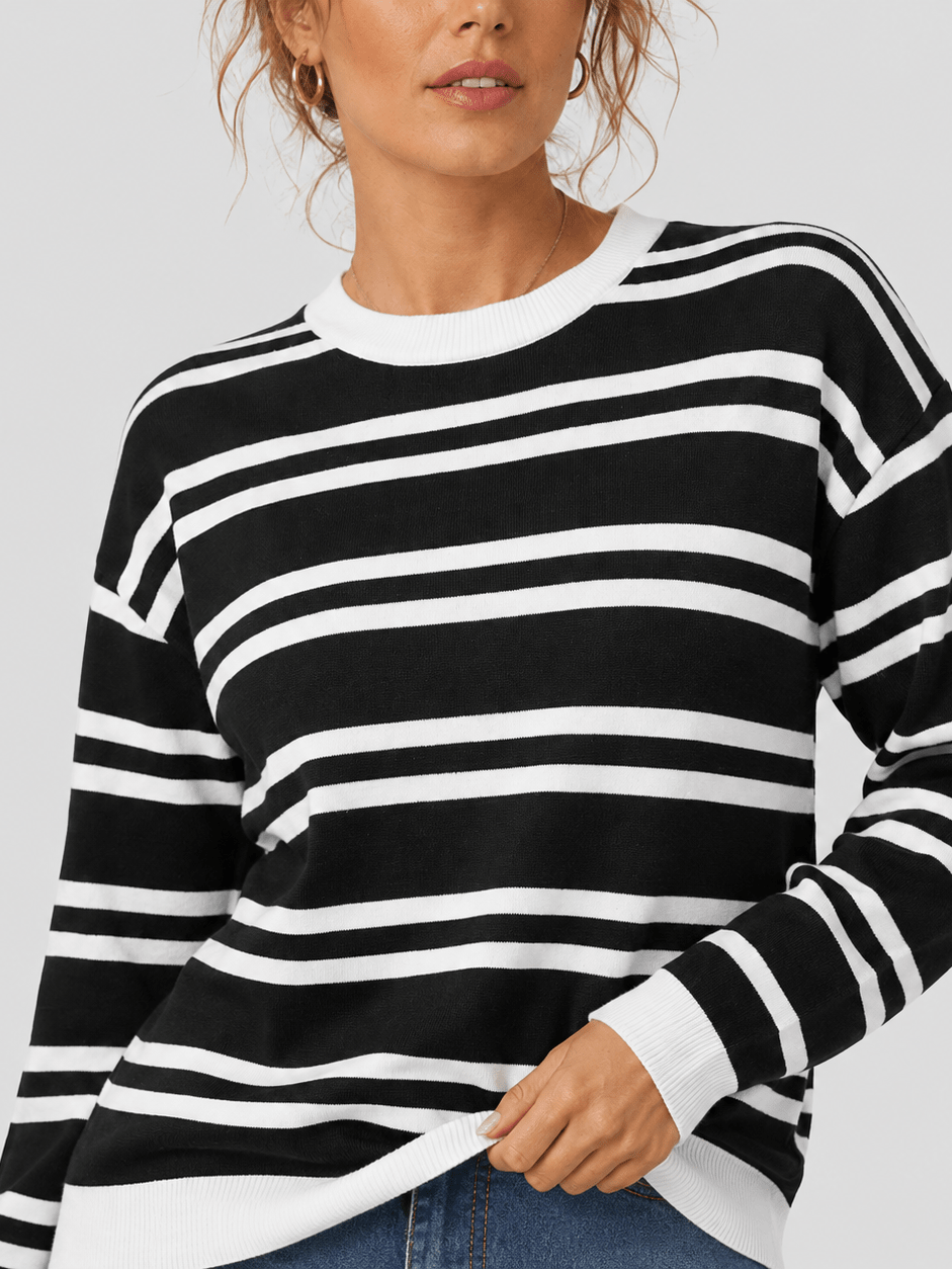 YUCOLEN Women's Striped Crewneck Sweater Soft Knit Casual Loose Fit Pullover for Fall Winter in Black
