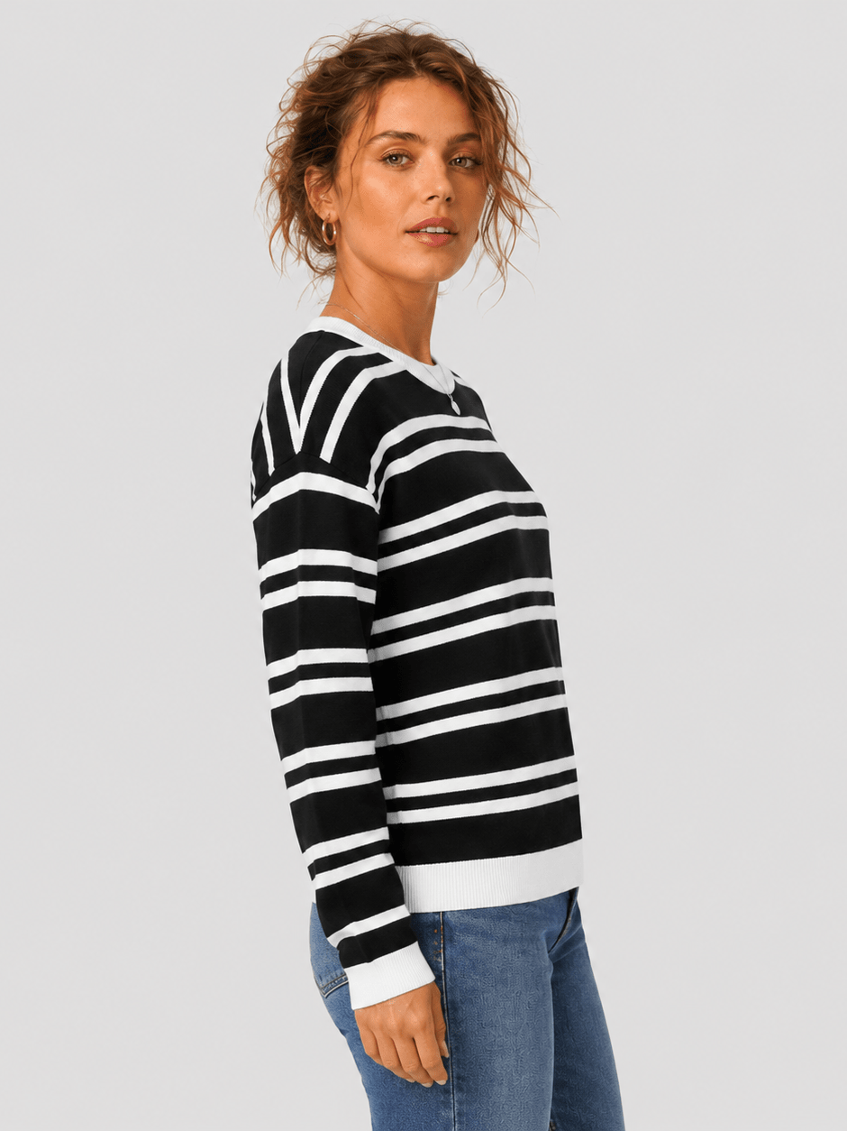 YUCOLEN Women's Striped Crewneck Sweater Soft Knit Casual Loose Fit Pullover for Fall Winter in Black