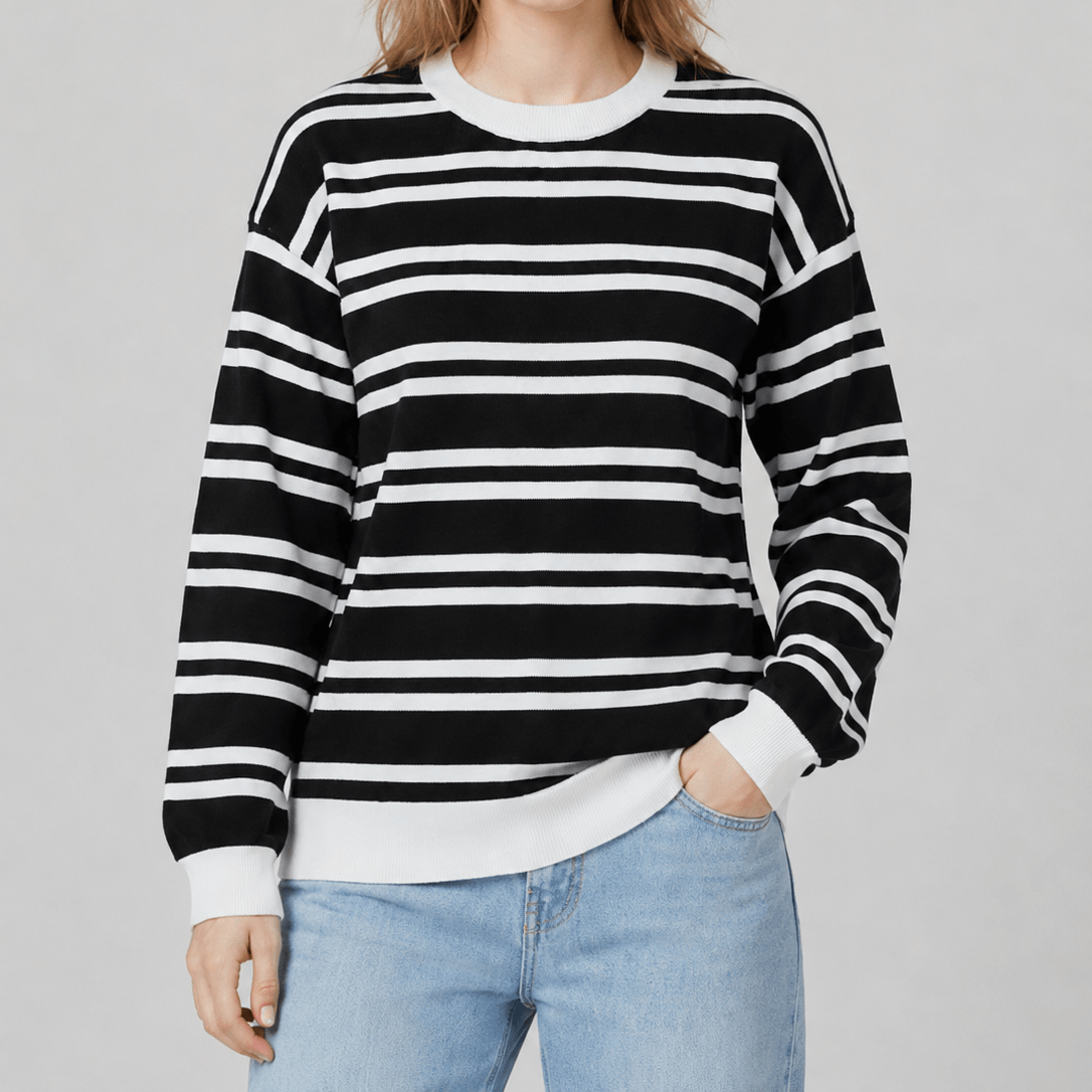 YUCOLEN Women's Striped Crewneck Sweater Soft Knit Casual Loose Fit Pullover for Fall Winter in Black