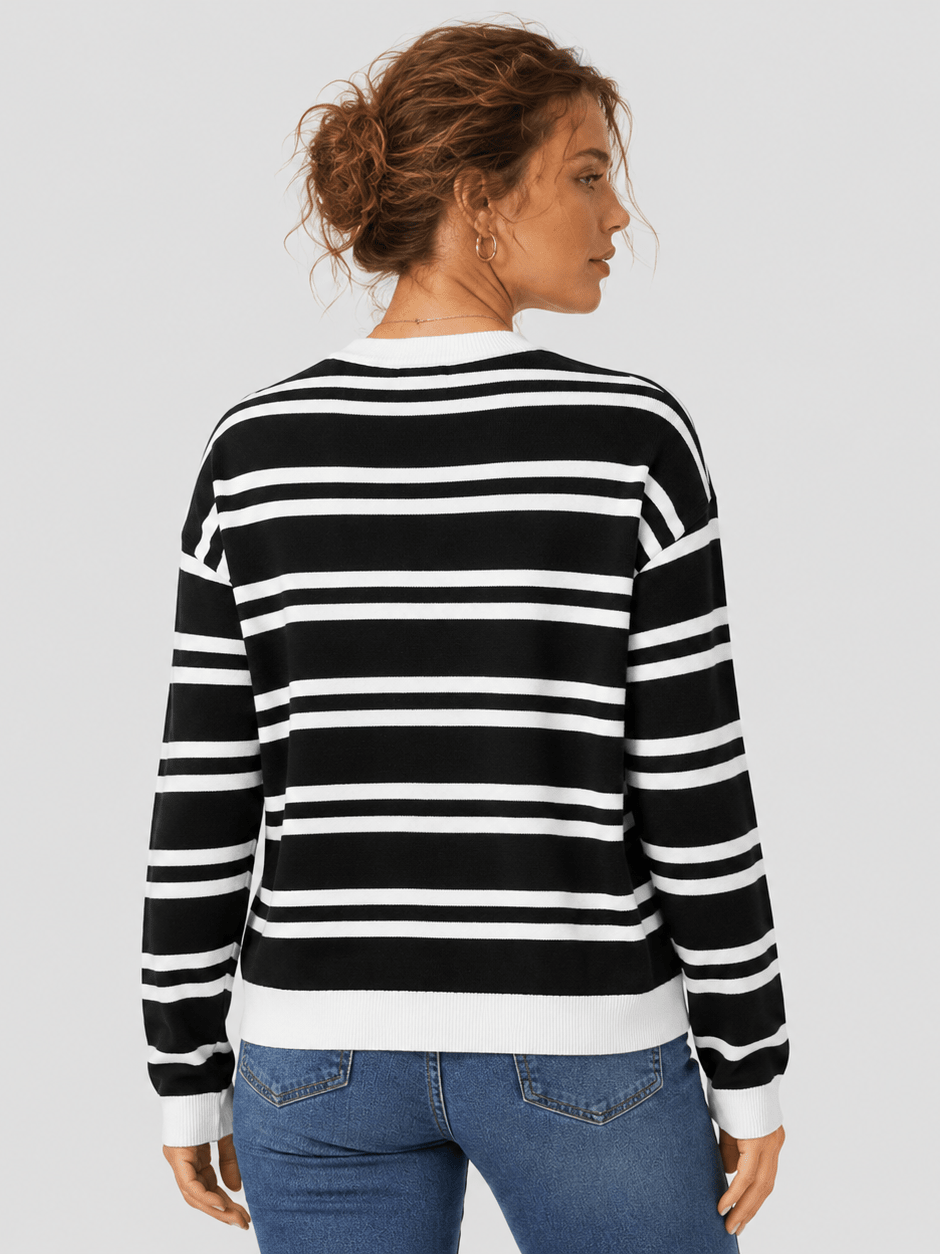 YUCOLEN Women's Striped Crewneck Sweater Soft Knit Casual Loose Fit Pullover for Fall Winter in Black