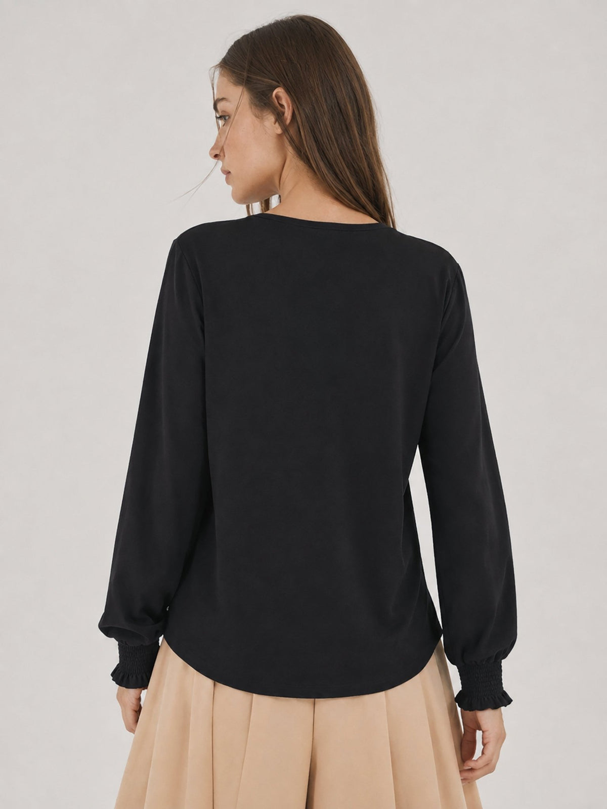 YUCOLEN Women's V Neck Pleated Tunic Blouse Ruffle Cuff Long Sleeve Shirt in Black