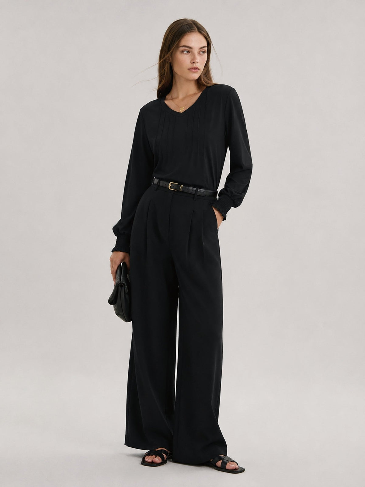 YUCOLEN Women's V Neck Pleated Tunic Blouse Ruffle Cuff Long Sleeve Shirt in Black