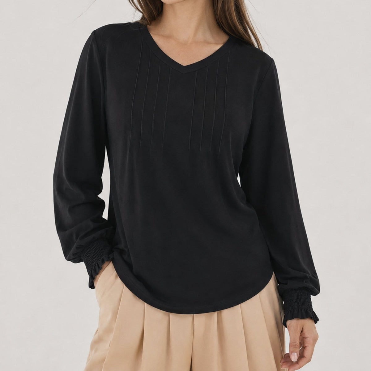 YUCOLEN Women's V Neck Pleated Tunic Blouse Ruffle Cuff Long Sleeve Shirt in Black