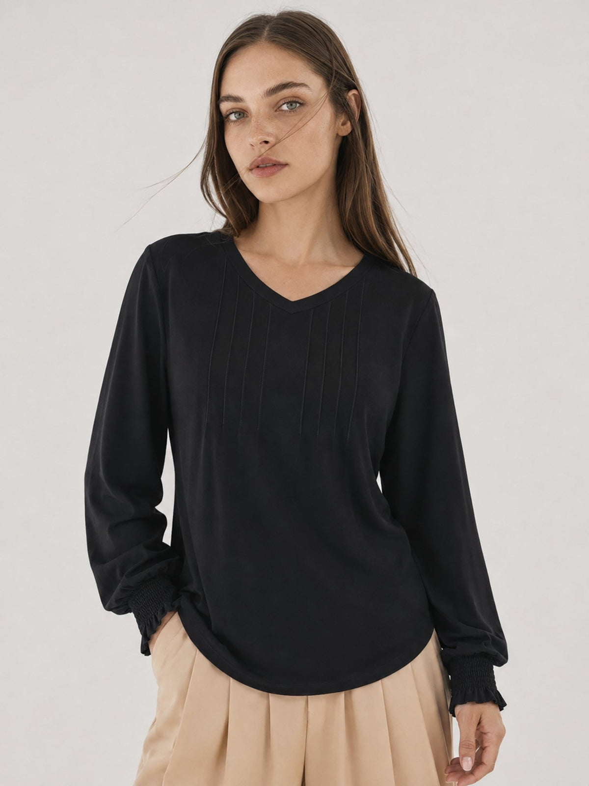 YUCOLEN Women's V Neck Pleated Tunic Blouse Ruffle Cuff Long Sleeve Shirt in Black