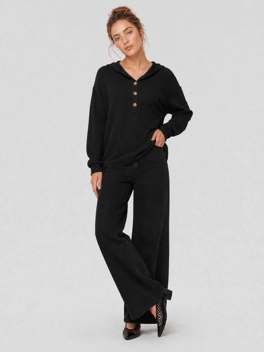 YUCOLEN Women's Waffle Knit Oversized Hoodie 4-Button Henley Pullover in Black