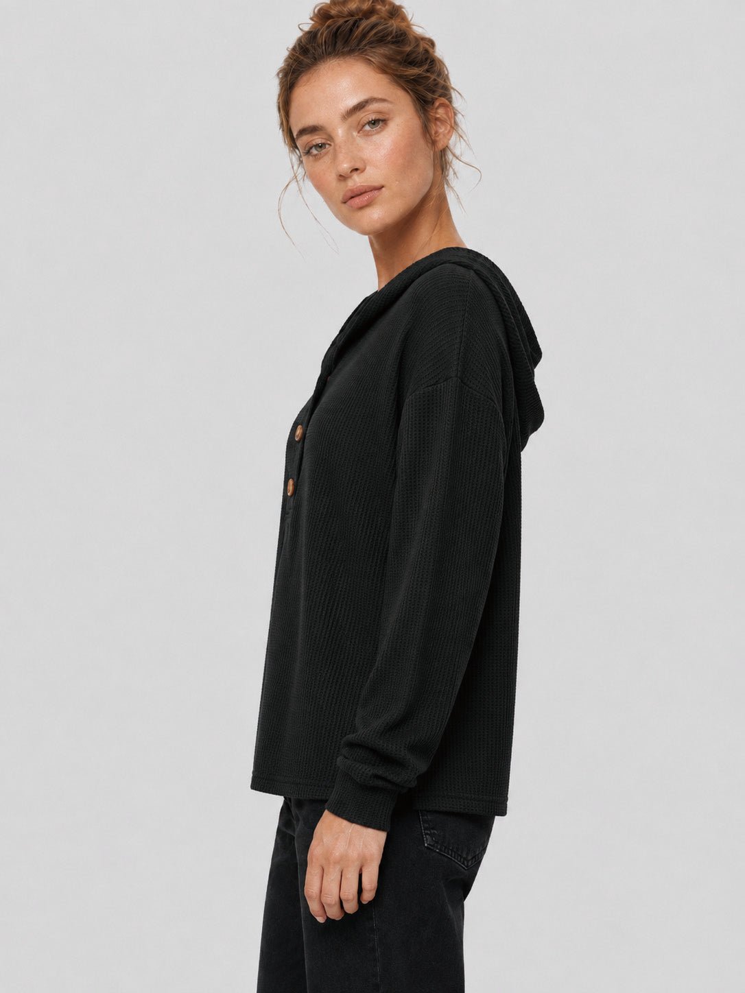 YUCOLEN Women's Waffle Knit Oversized Hoodie 4-Button Henley Pullover in Black