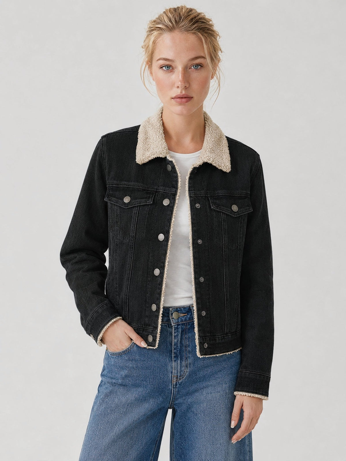 YUCOLEN Women's Warm Sherpa Lined Denim Jacket with Fleece Collar and Pockets in Black