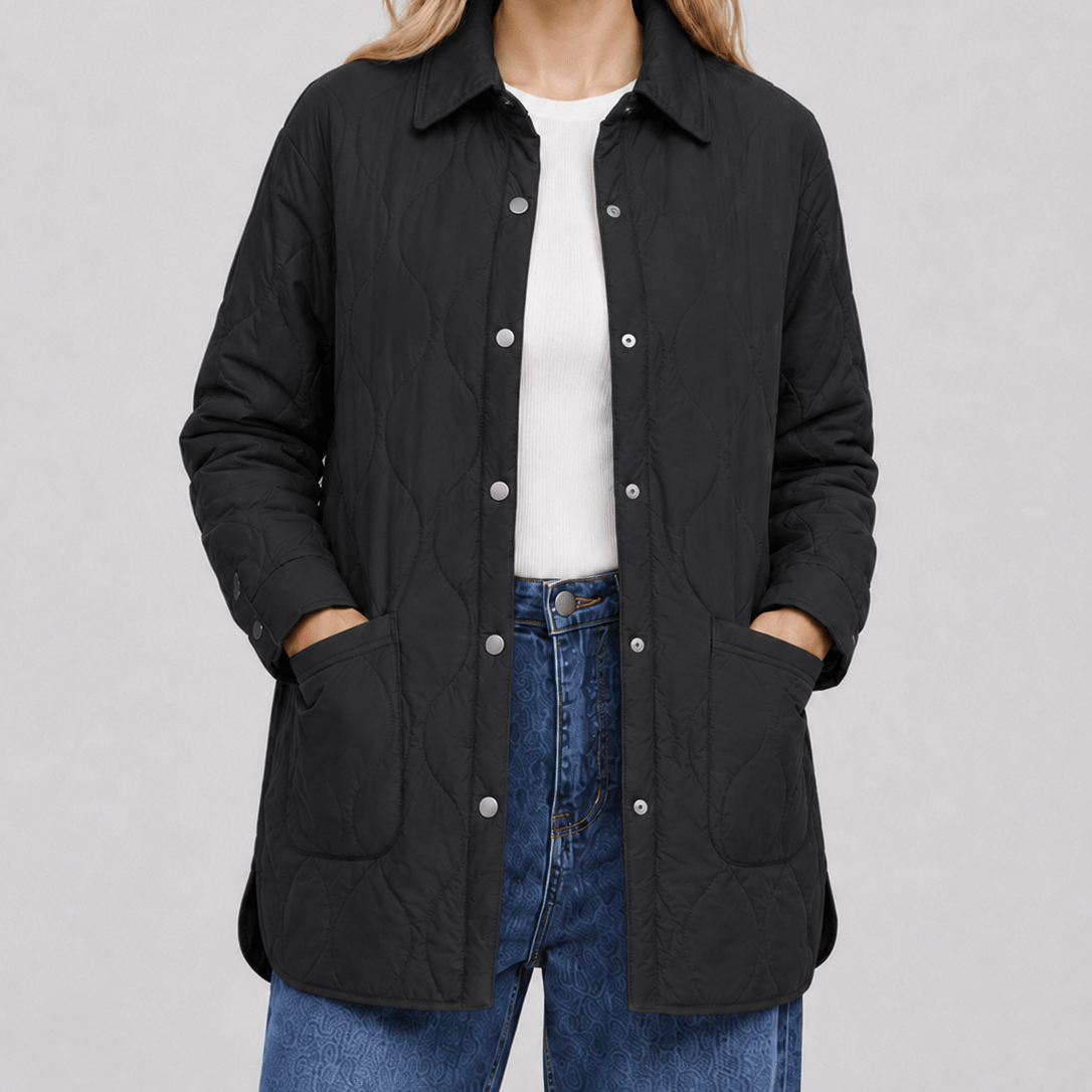 YUCOLEN Women's Water Ripple Quilted Shacket Lightweight Button Down Coat with Pockets in Black