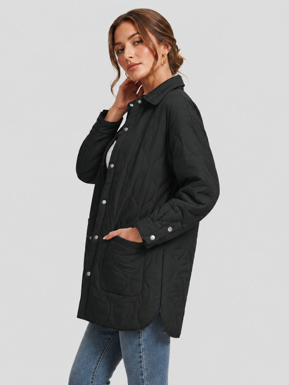YUCOLEN Women's Water Ripple Quilted Shacket Lightweight Button Down Coat with Pockets in Black
